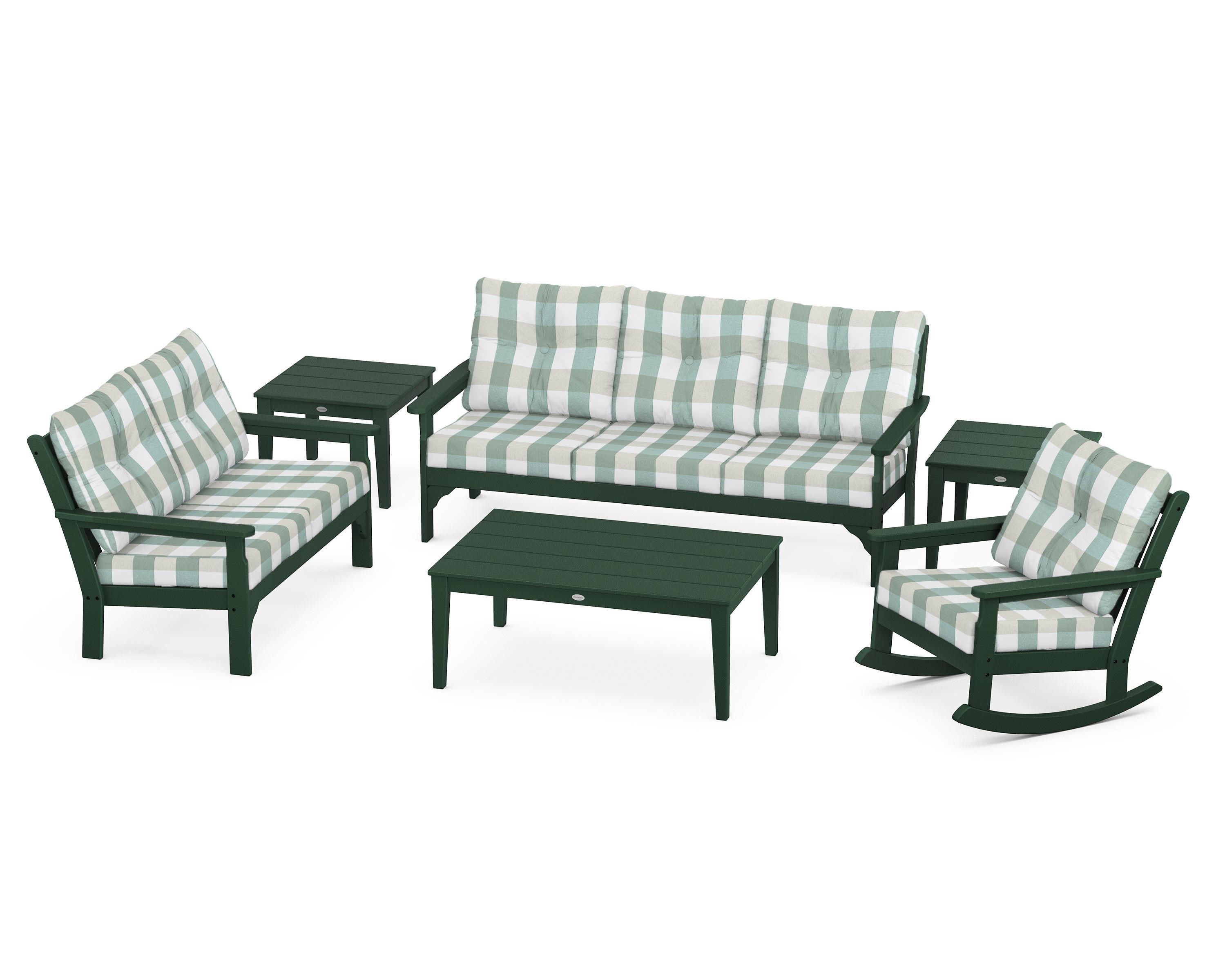 POLYWOOD® Vineyard 6-Piece Deep Seating Set in Green / Buffalo Plaid Glacier Spa