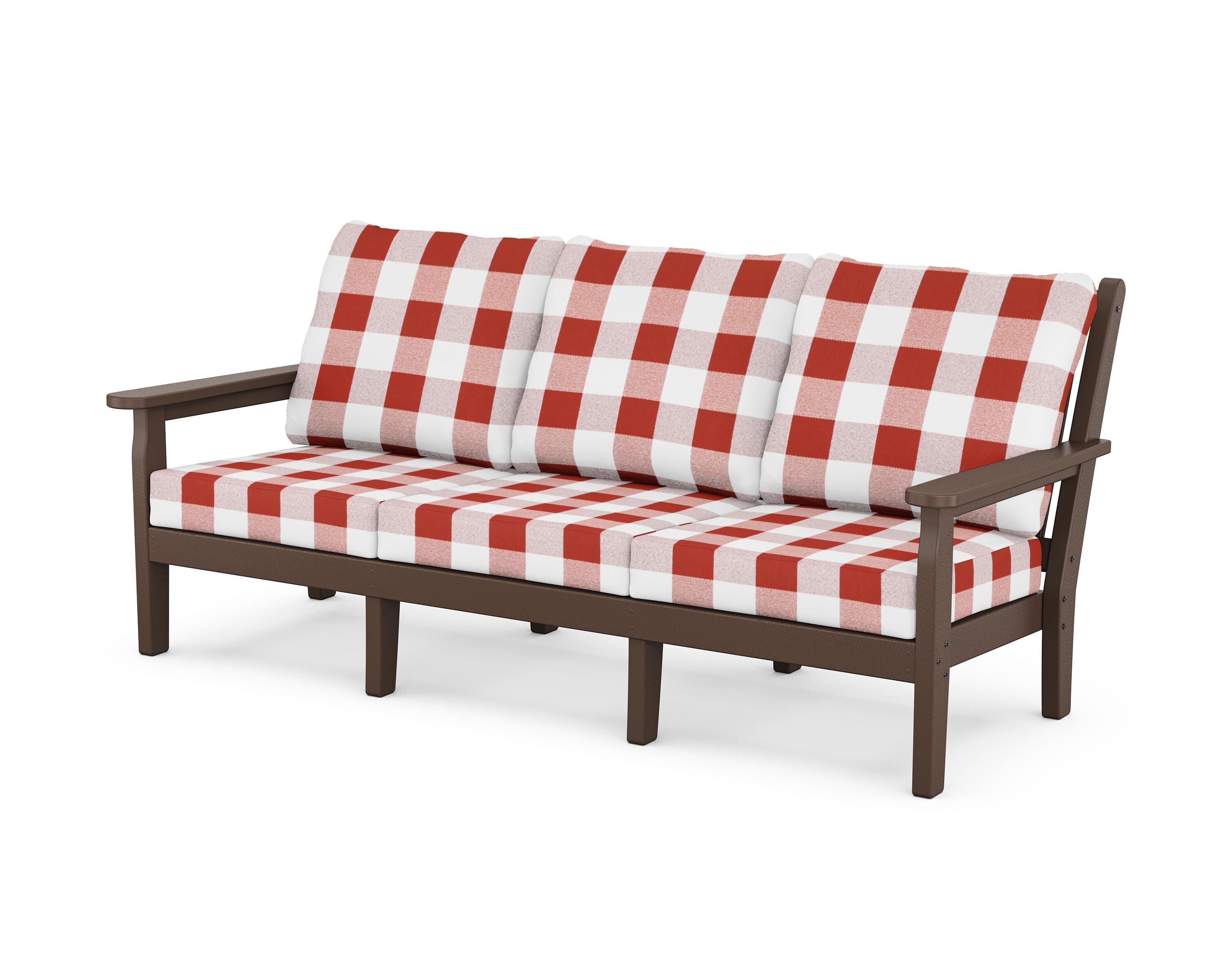POLYWOOD® Chippendale Deep Seating Sofa in Mahogany / Buffalo Plaid Crimson