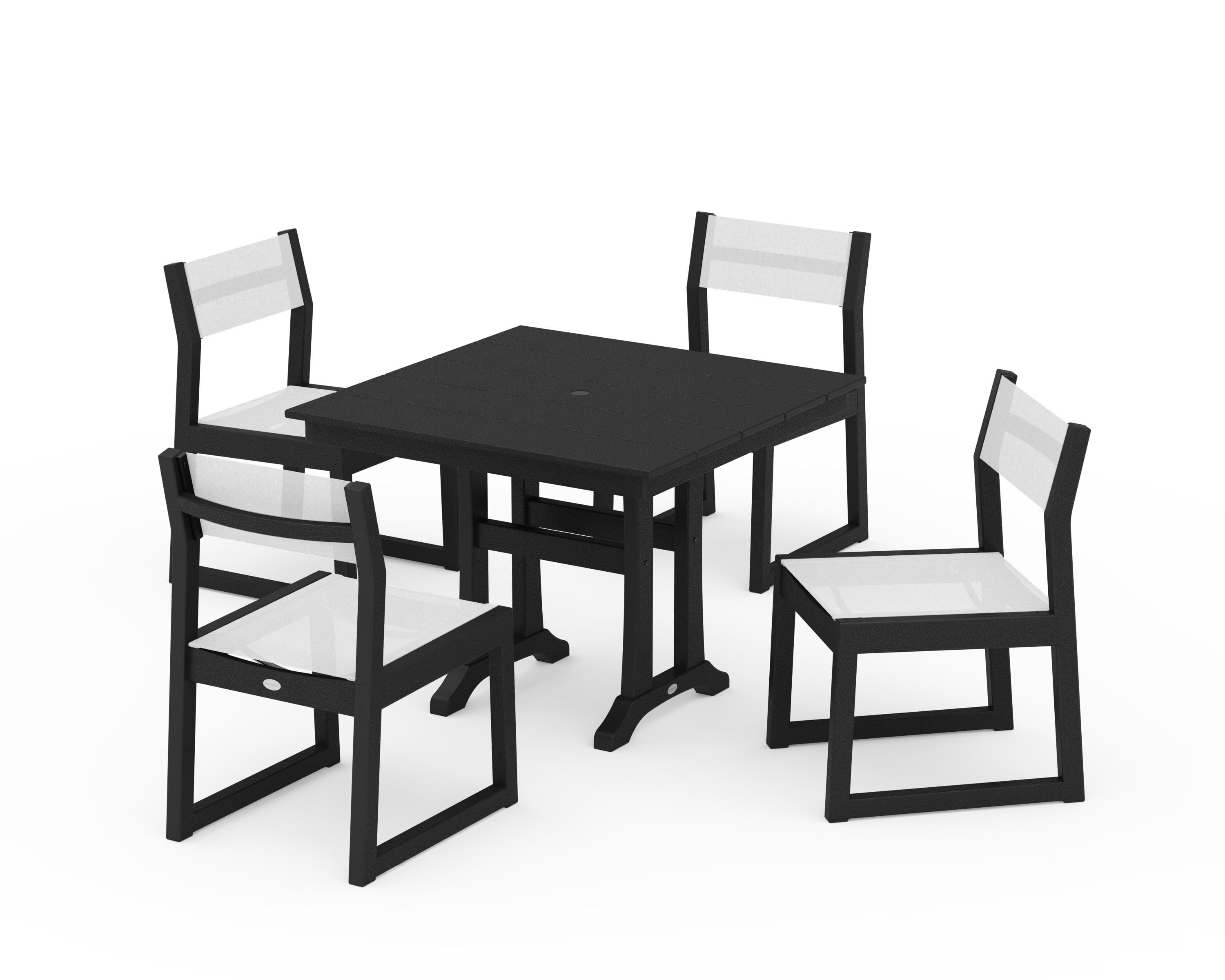 POLYWOOD® EDGE Sling 5-Piece Farmhouse Trestle Side Chair Dining Set in Black / White Sling