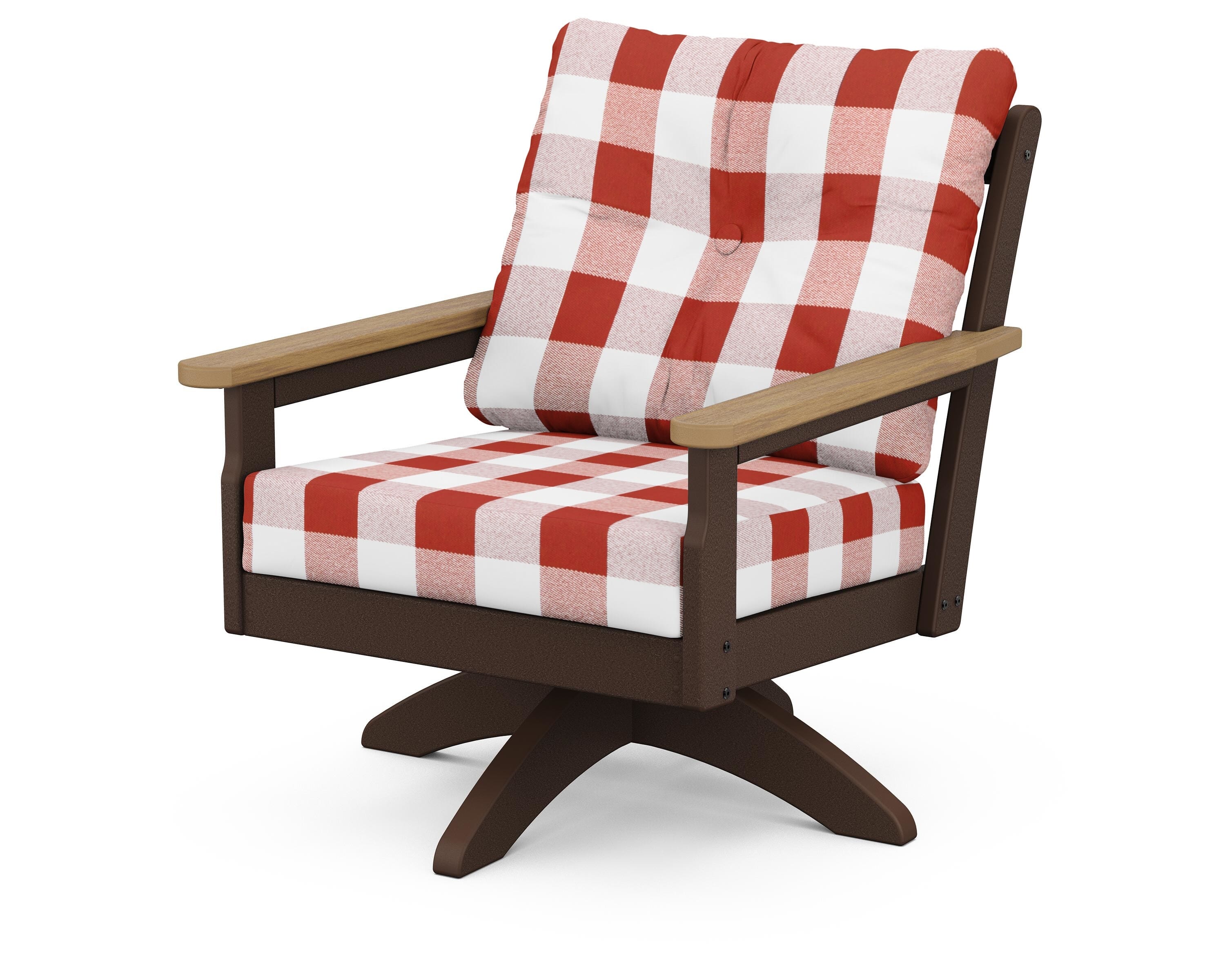 POLYWOOD® Vineyard Deep Seating Swivel Chair in Mahogany / Natural / Buffalo Plaid Crimson