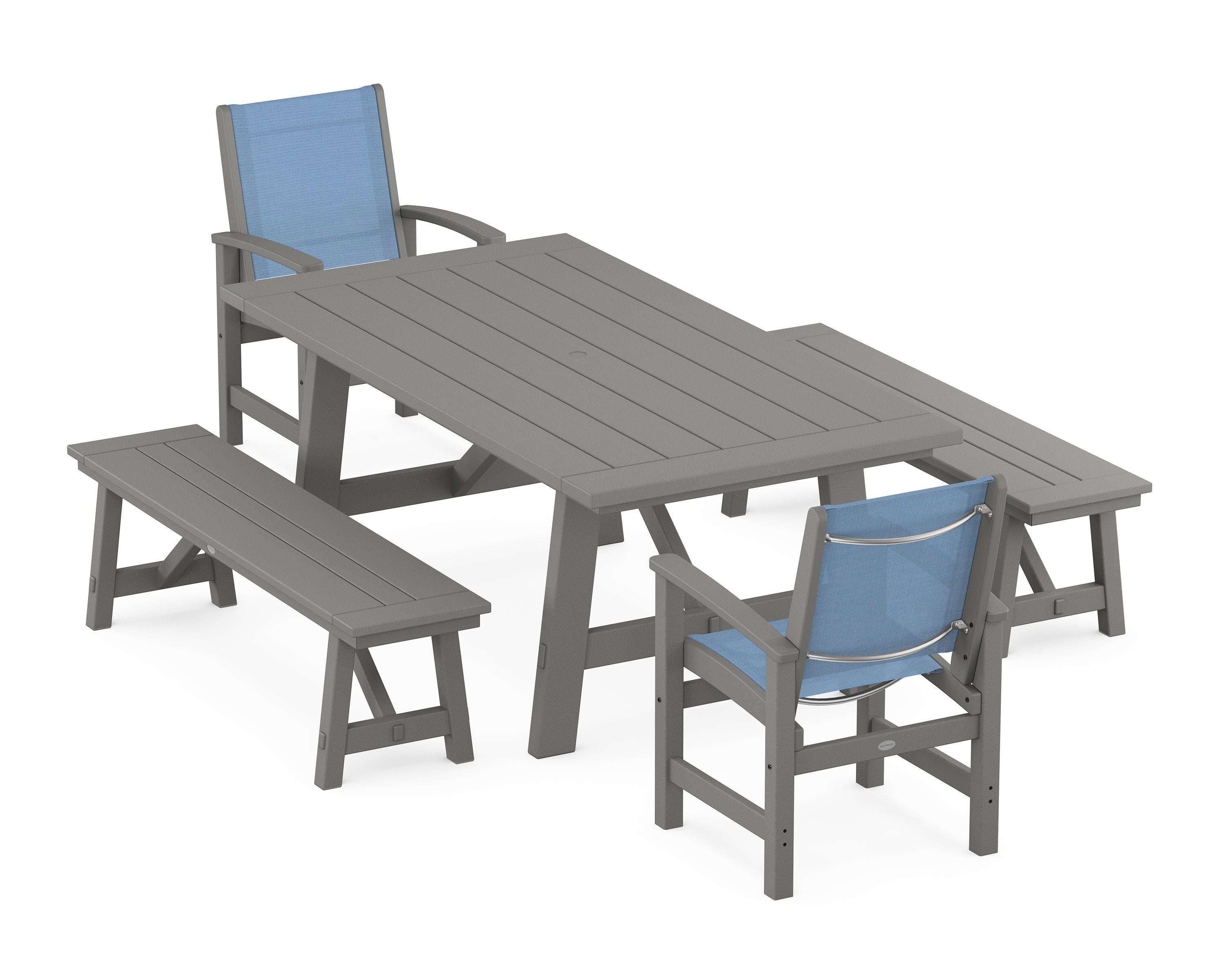 POLYWOOD® Coastal 5-Piece Rustic Farmhouse Dining Set With Benches in Slate Grey / Poolside Sling