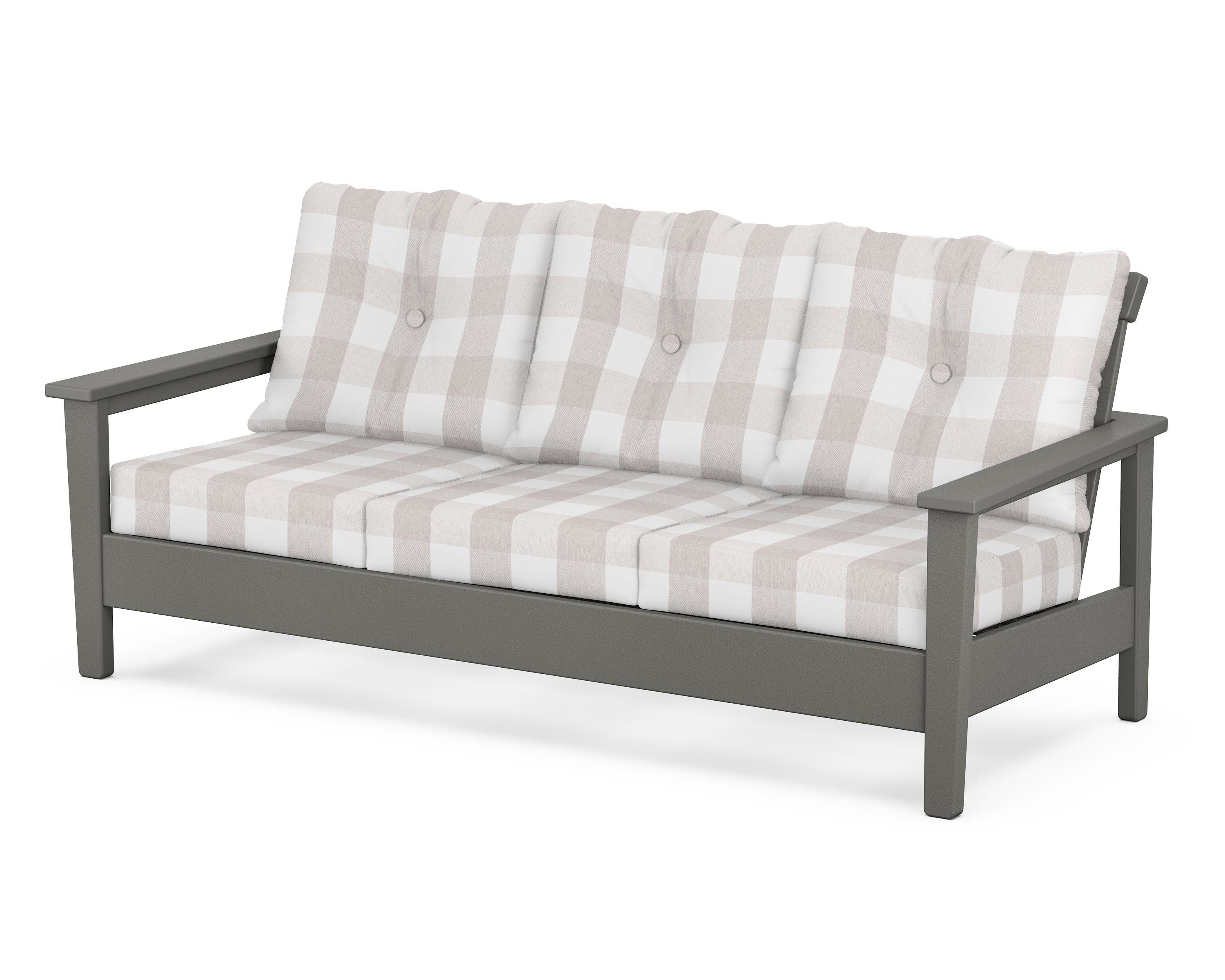 POLYWOOD® Prescott Deep Seating Sofa in Slate Grey / Buffalo Plaid Dune Burlap