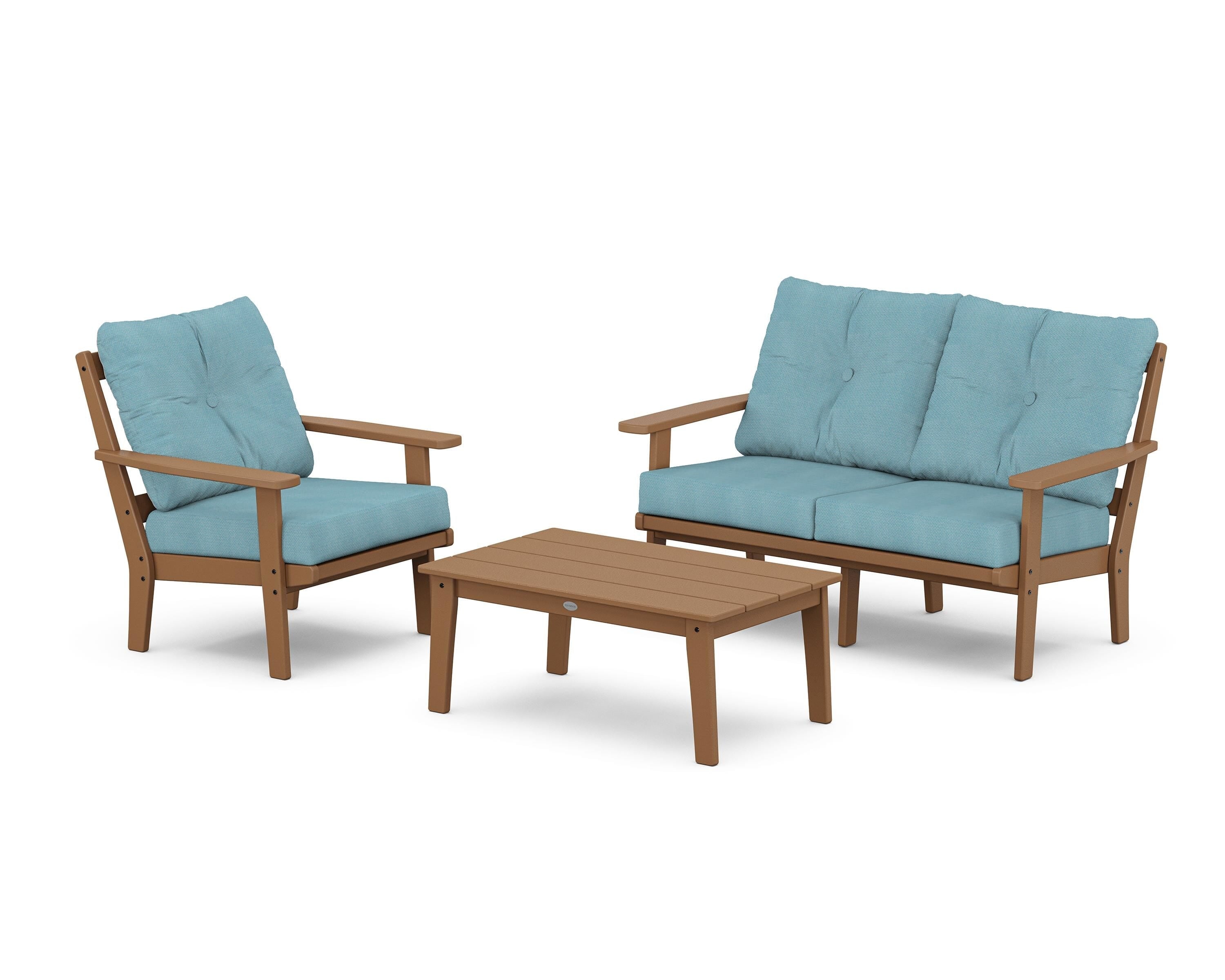 POLYWOOD® Prairie 3-Piece Deep Seating Set with Loveseat in Teak / Lattice Sky Blue