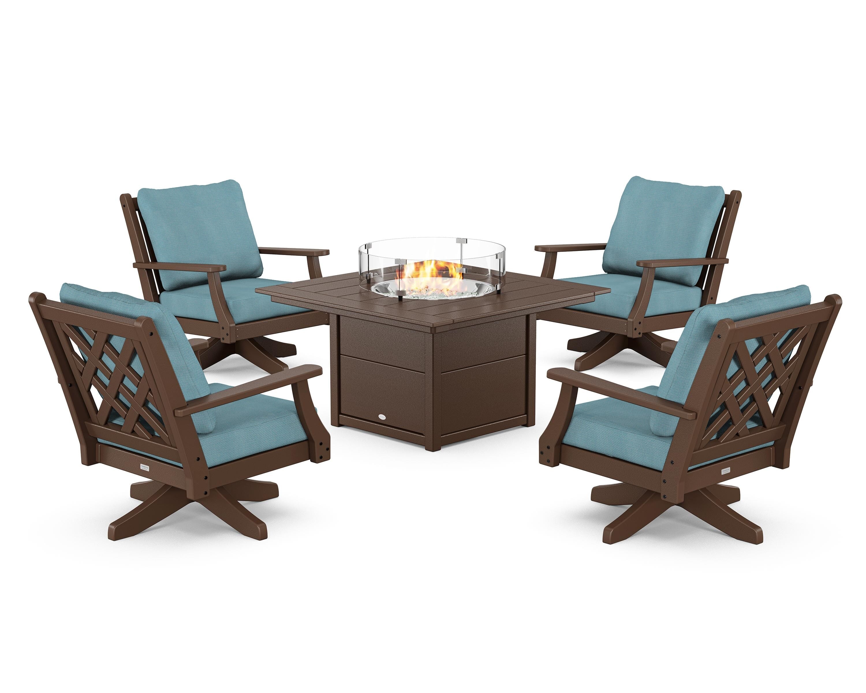 Country Living Wovendale 5-Piece Deep Seating Swivel Conversation Set with Fire Pit Table in Mahogany / Lattice Sky Blue