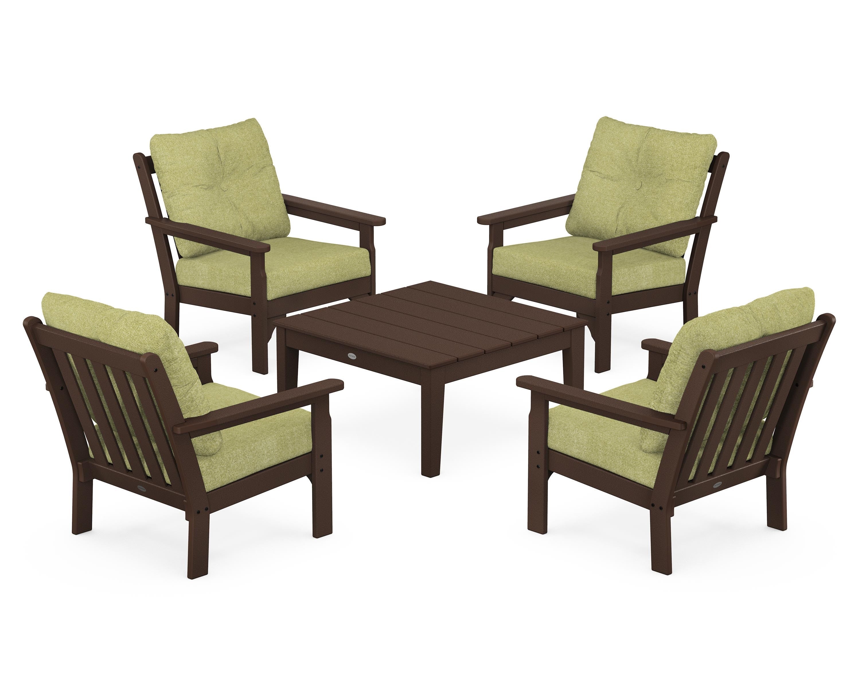 POLYWOOD® Vineyard 5-Piece Deep Seating Conversation Set in Mahogany / Chartreuse Boucle