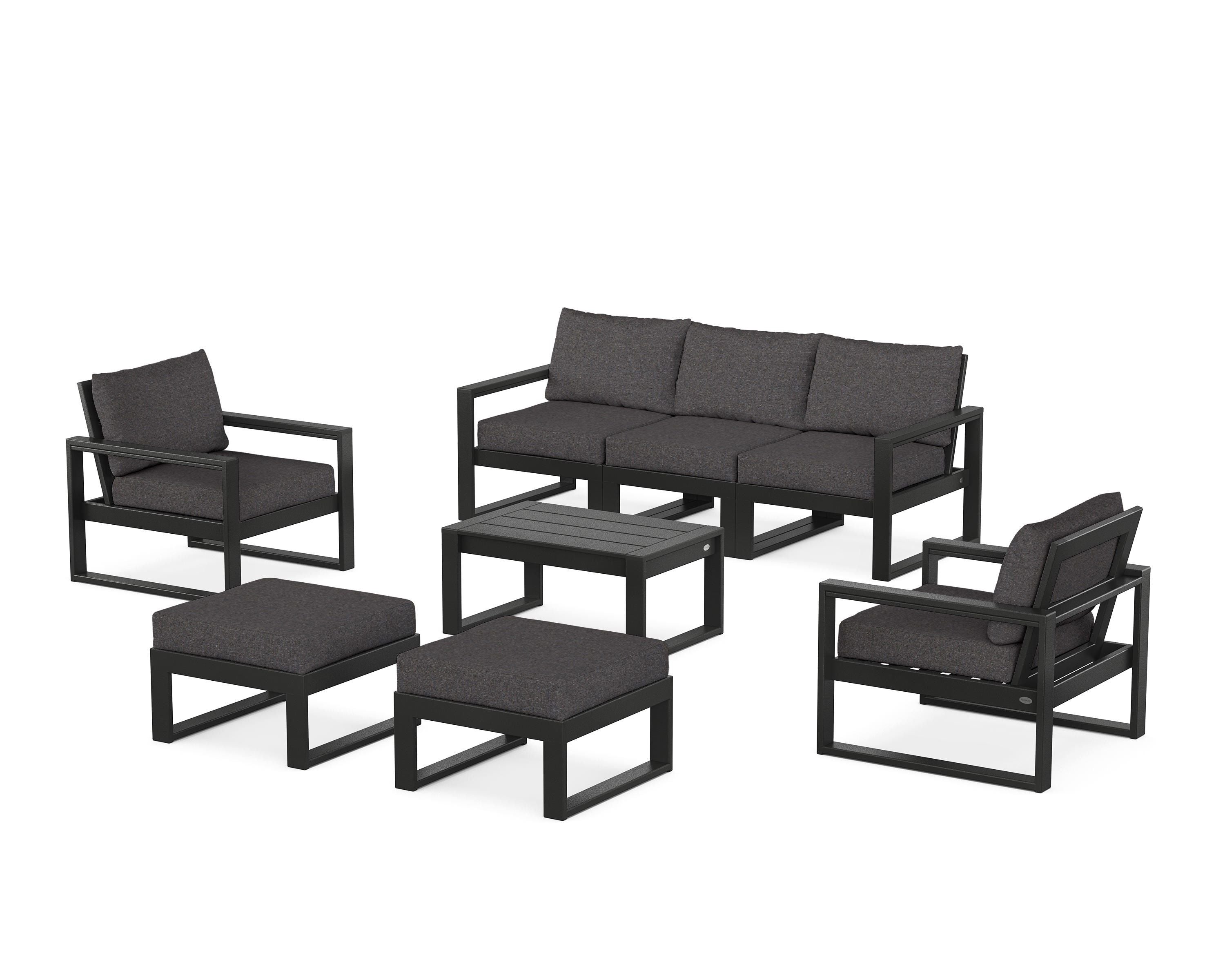 POLYWOOD® EDGE Sectional 8-Piece Lounge Sofa Set in Black / Ash Charcoal