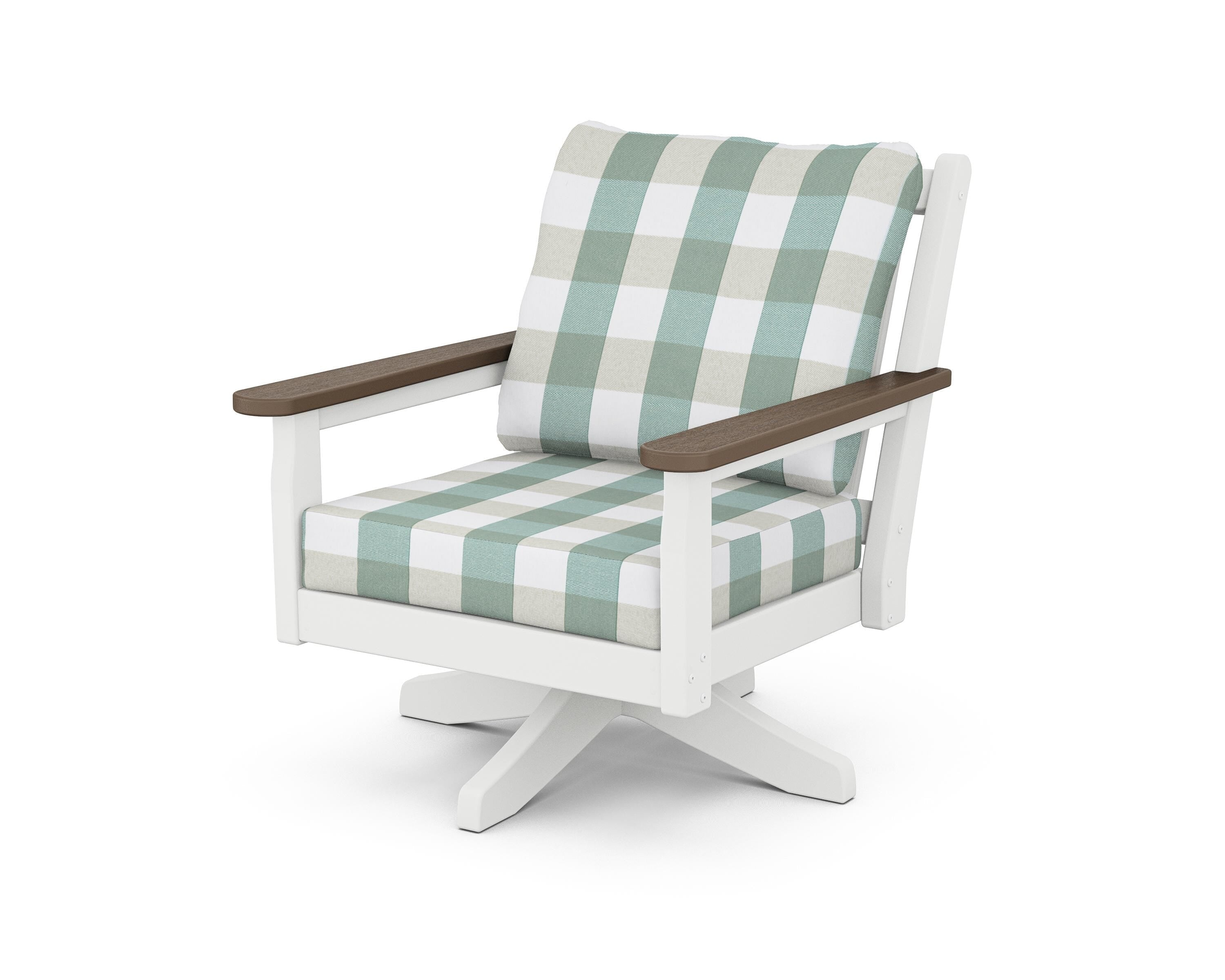 POLYWOOD® Chippendale Deep Seating Swivel Chair in White / Kona / Buffalo Plaid Glacier Spa