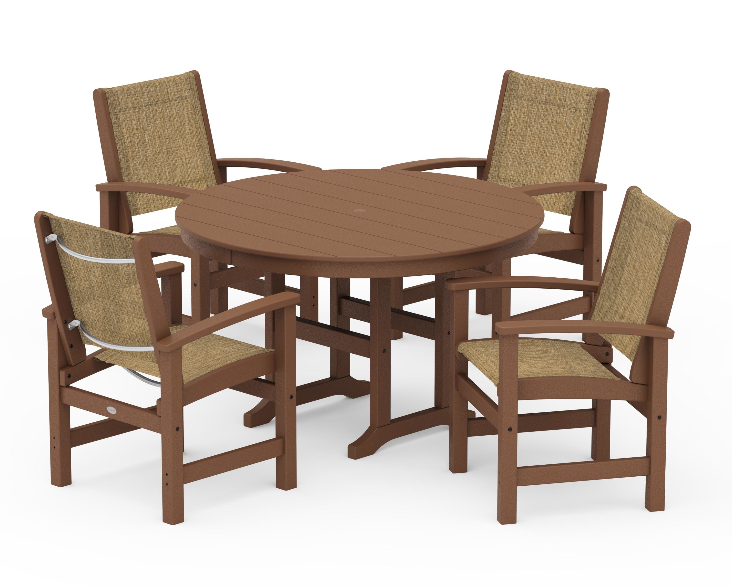 POLYWOOD® Coastal 5-Piece Round Farmhouse Dining Set in Teak / Burlap Sling