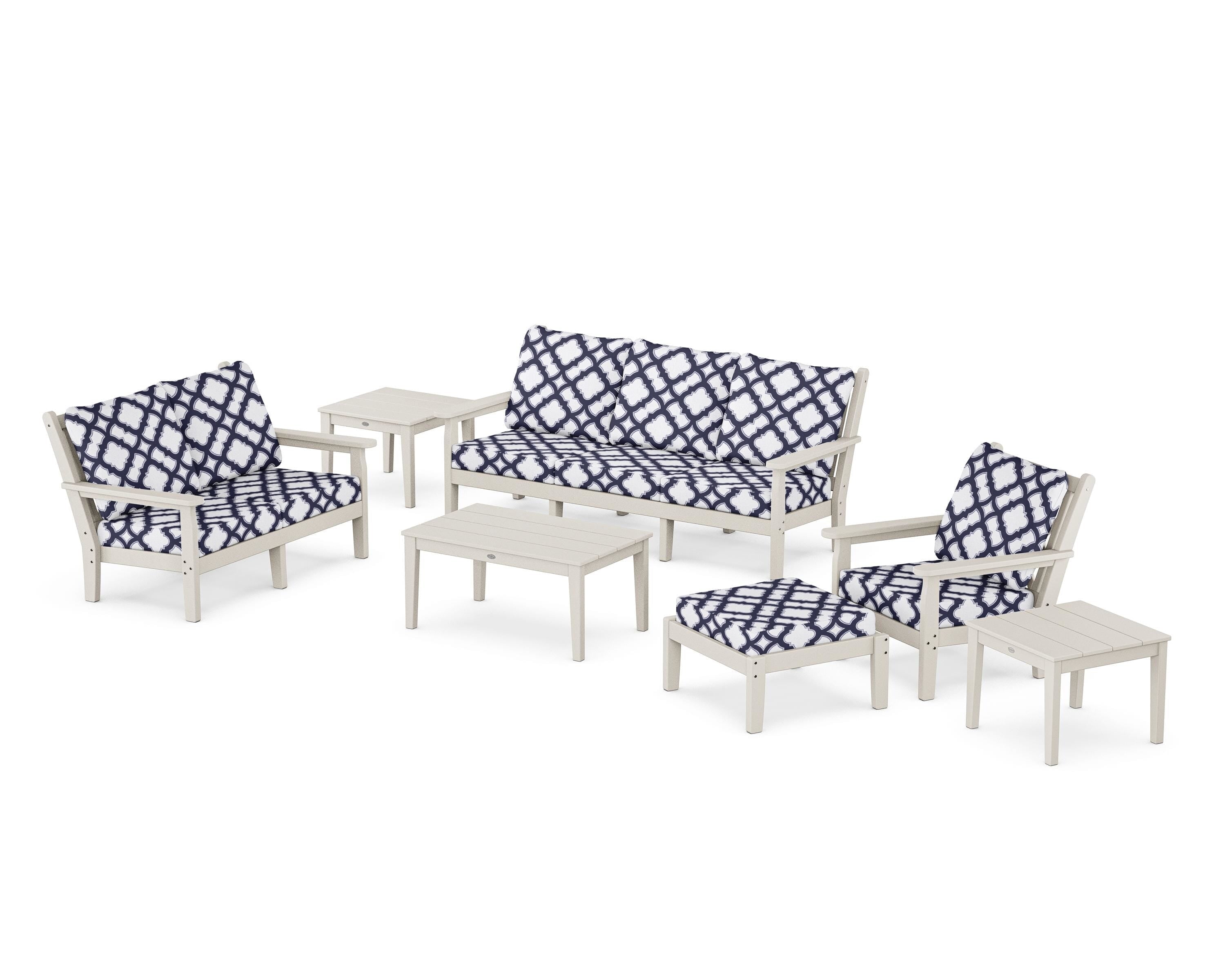 POLYWOOD® Chippendale 7-Piece Deep Seating Set in Sand / Trellis Navy