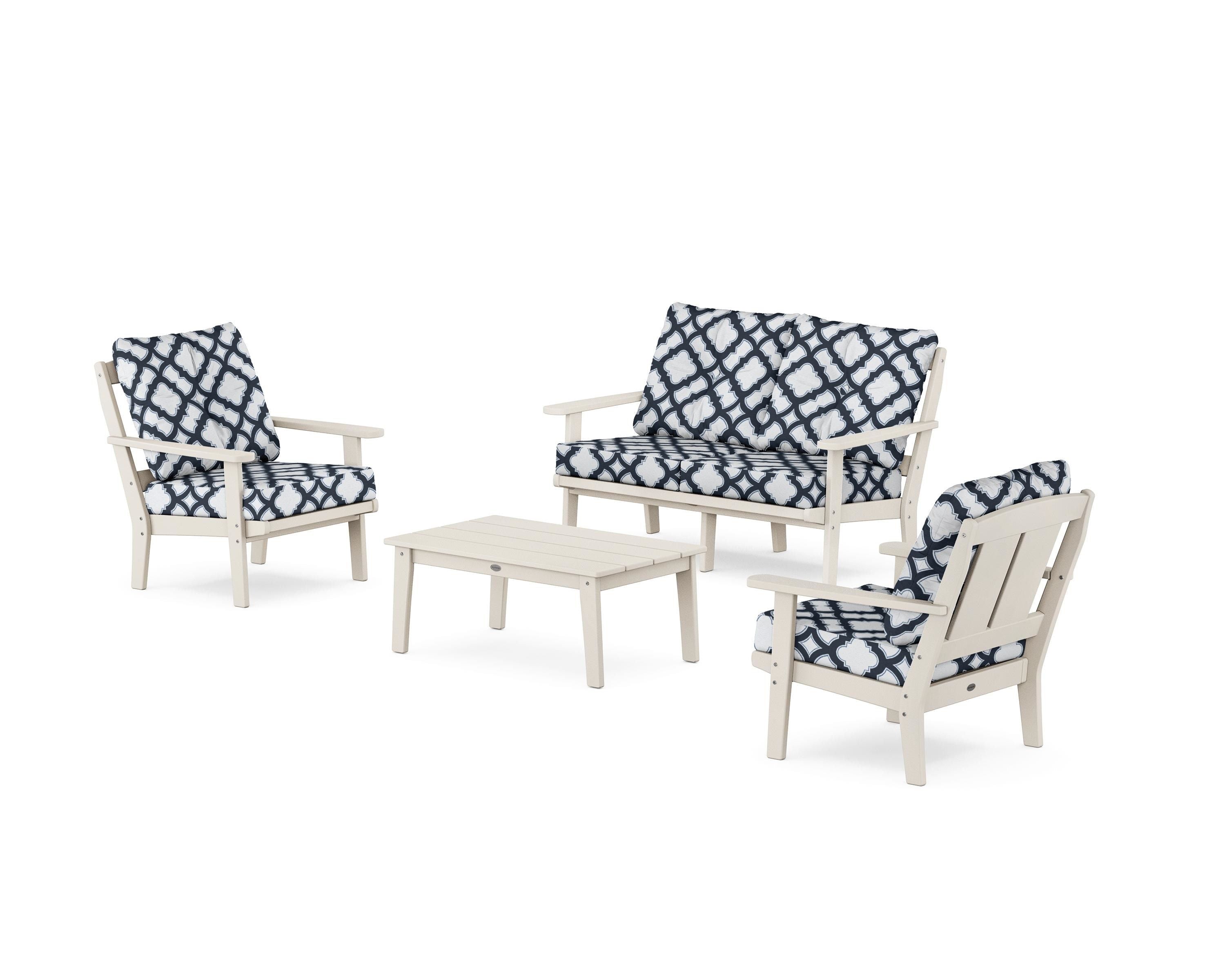 POLYWOOD® Mission 4-Piece Deep Seating Set with Loveseat in Sand / Trellis Marine Indigo