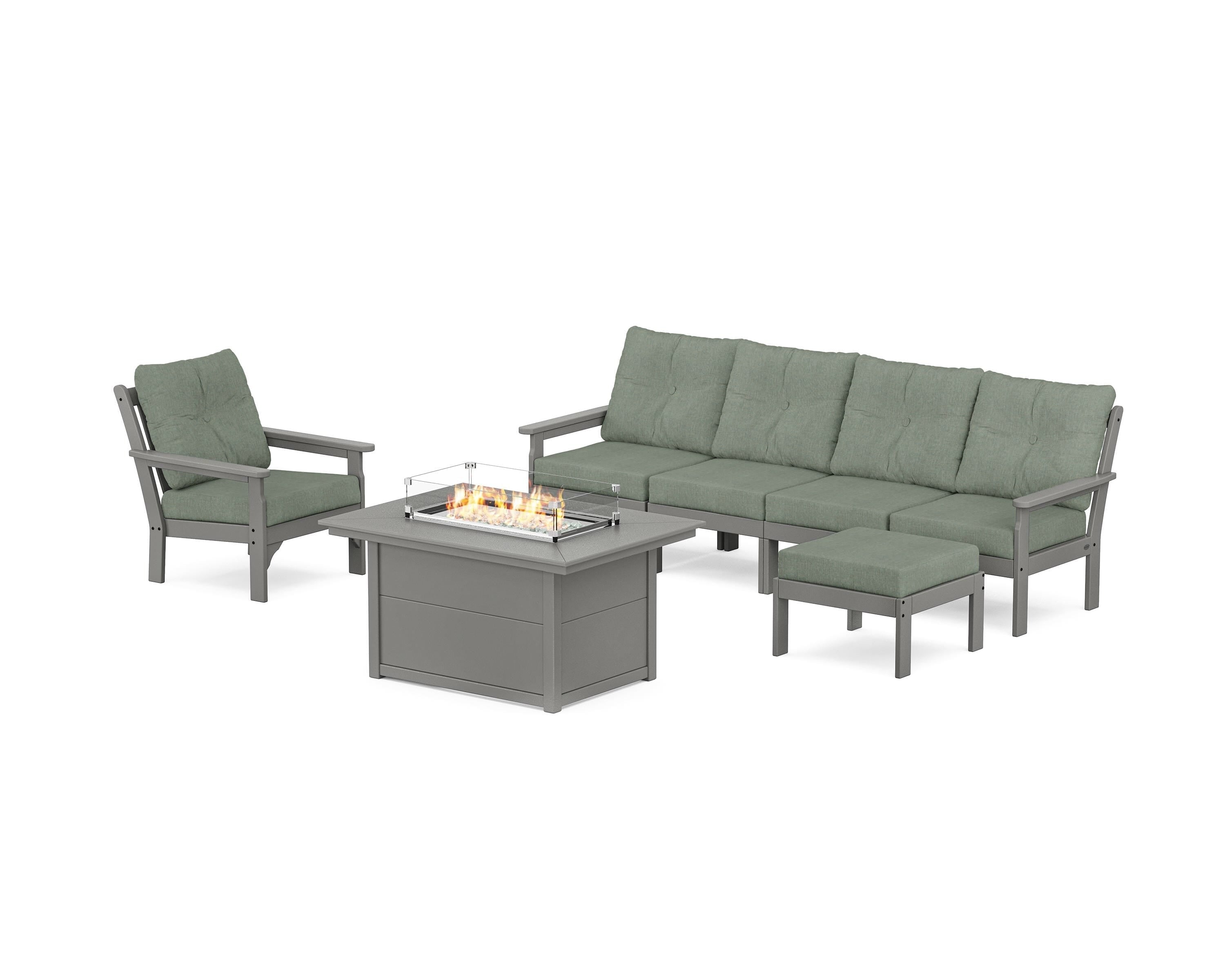 POLYWOOD® Vineyard Sectional Lounge and Fire Pit Set in Slate Grey / Cast Sage
