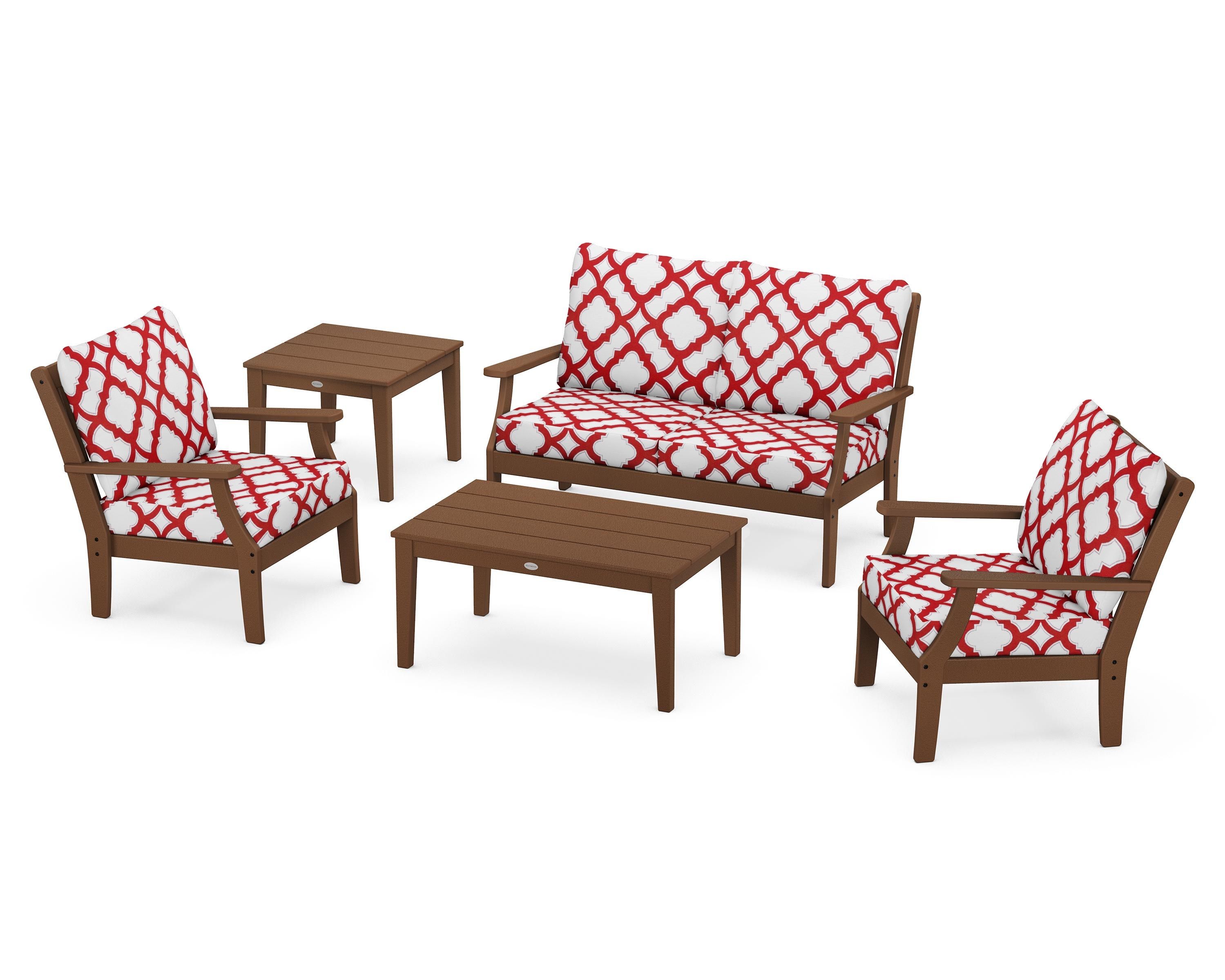 POLYWOOD® Braxton 5-Piece Deep Seating Set in Teak / Trellis Crimson
