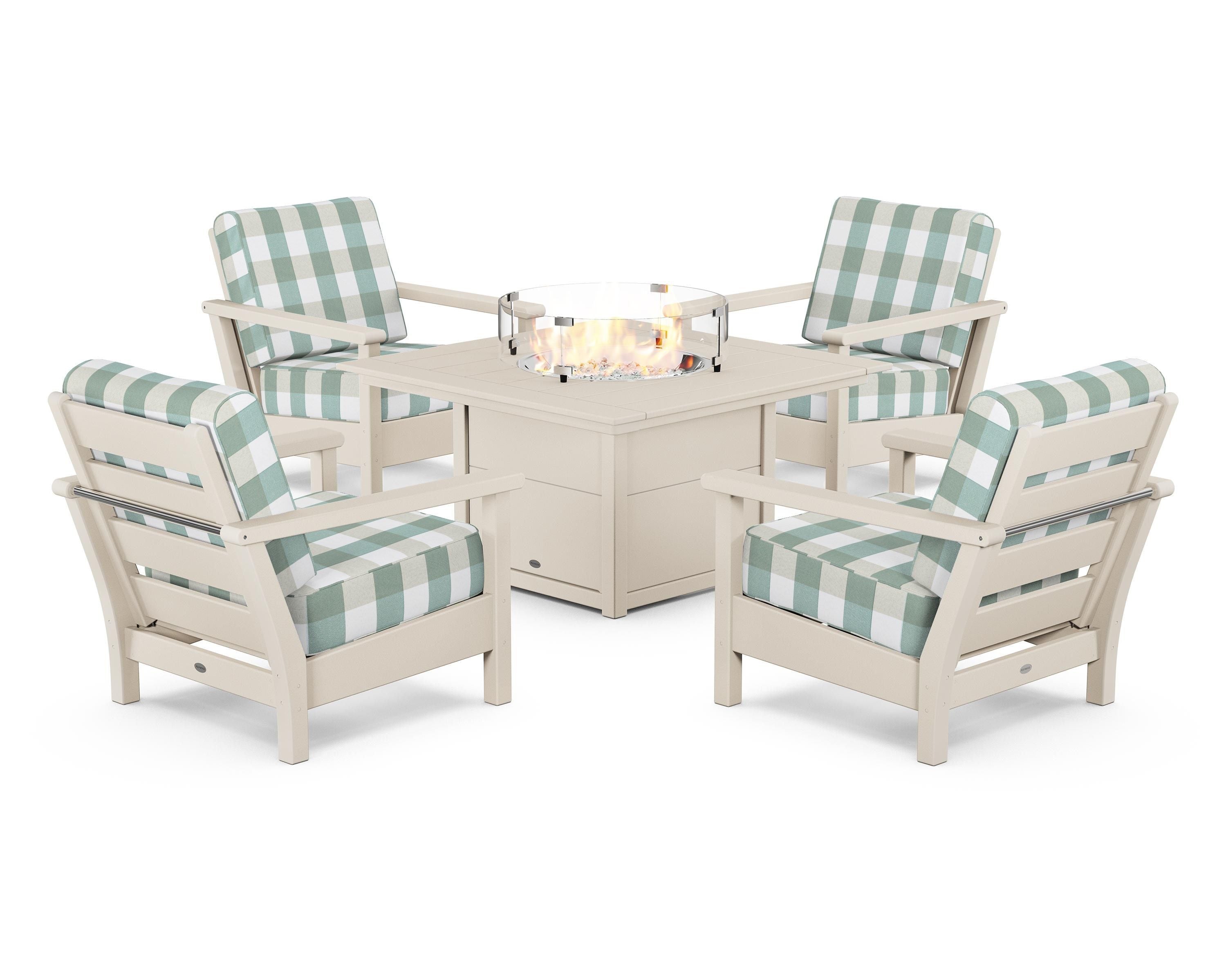 POLYWOOD® Harbour 5-Piece Conversation Set with Fire Pit Table in Sand / Buffalo Plaid Glacier Spa