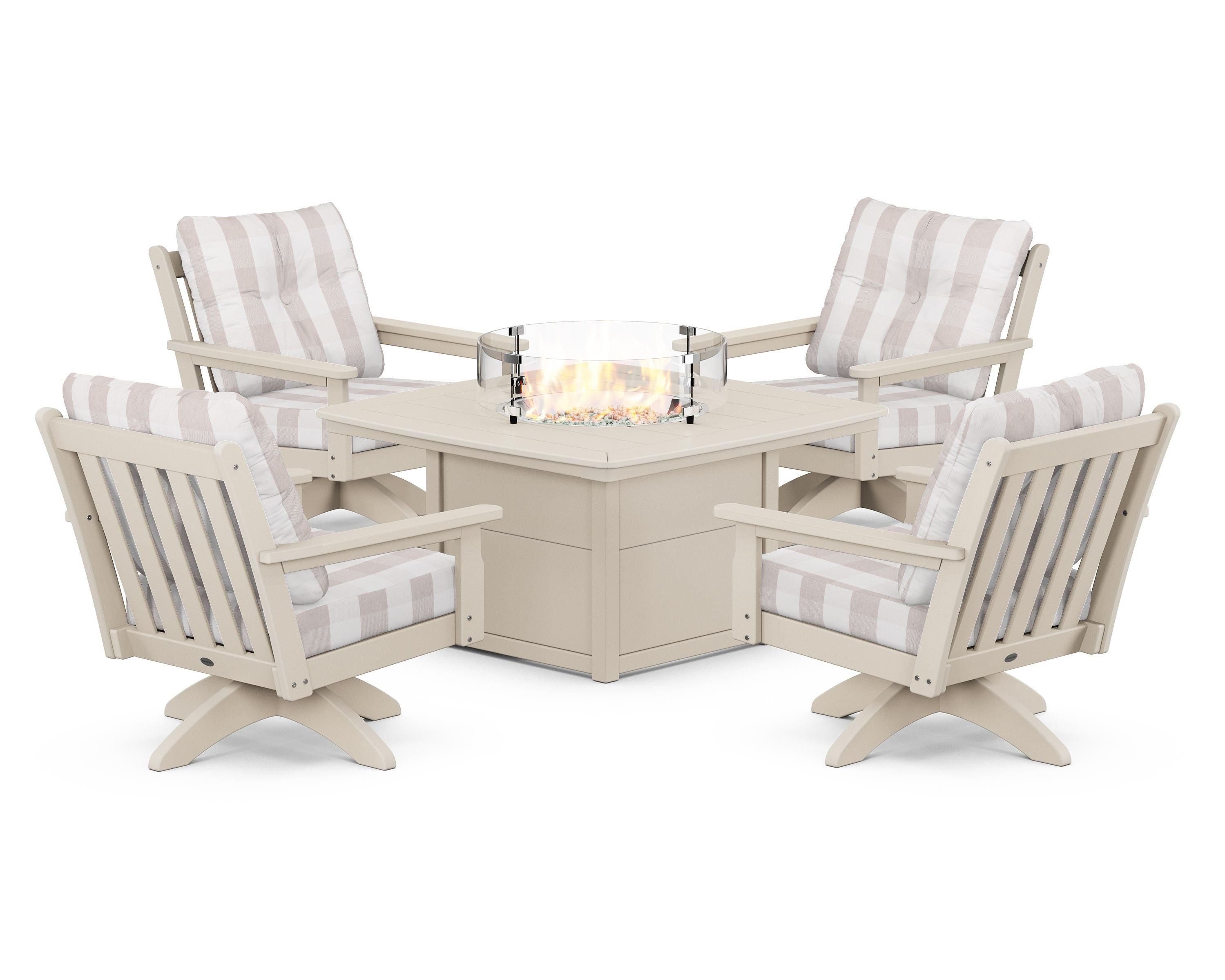 POLYWOOD® Vineyard 5-Piece Deep Seating Swivel Conversation Set with Fire Pit Table in Sand / Buffalo Plaid Dune Burlap