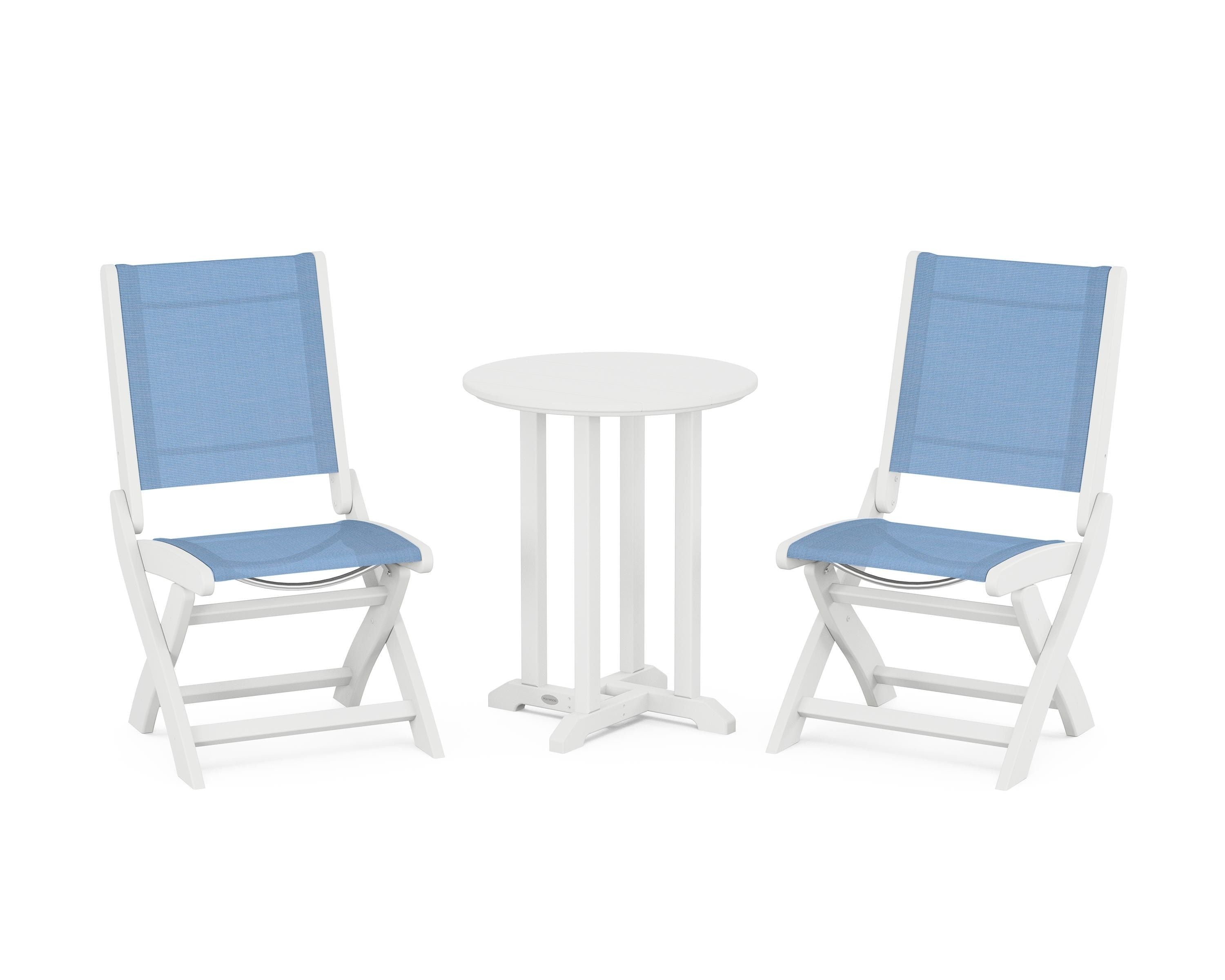 POLYWOOD® Coastal Folding Side Chair 3-Piece Round Bistro Dining Set in White / Poolside Sling