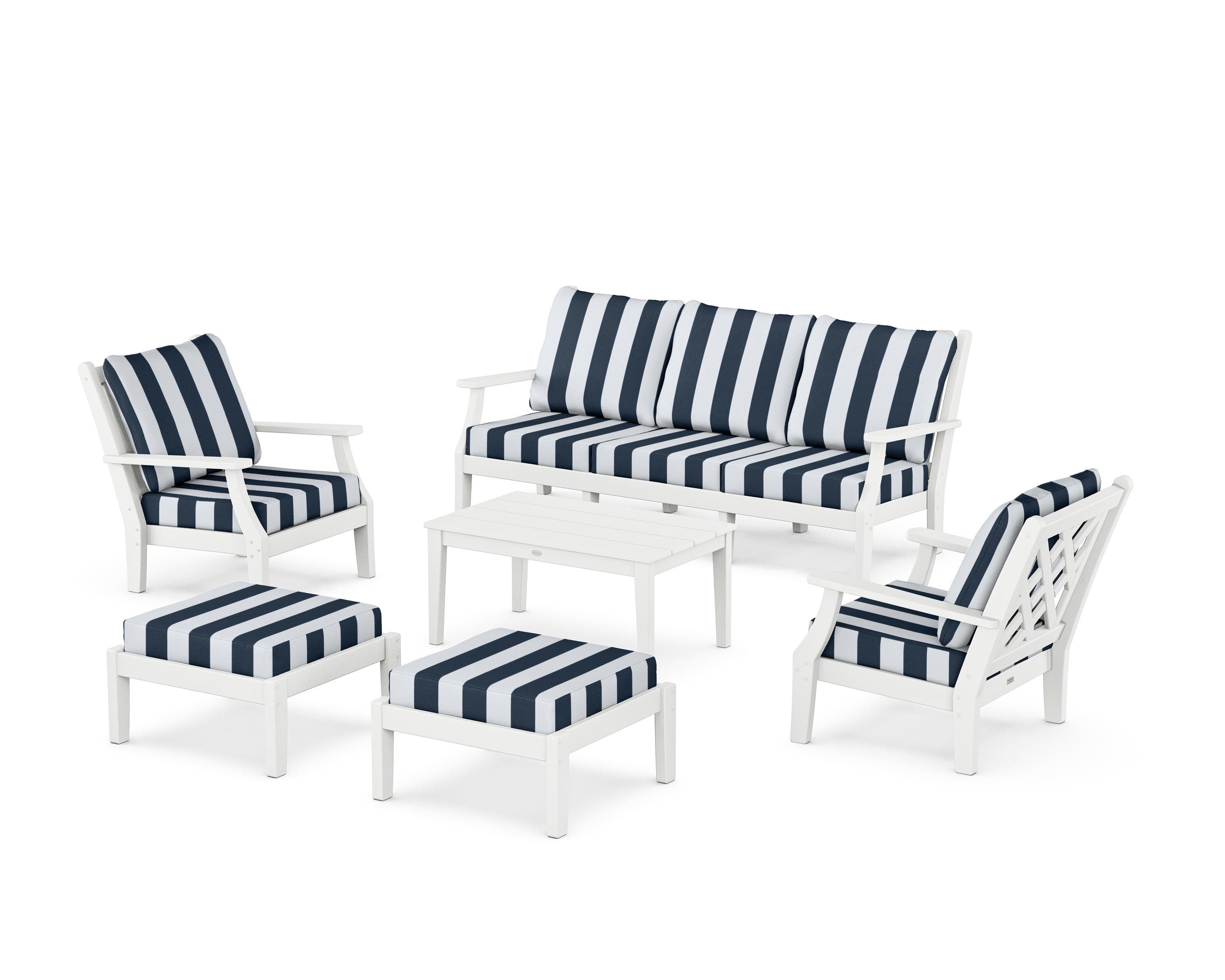 Country Living Wovendale 6-Piece Lounge Sofa Set in White / Cabana Stripe Marine Indigo