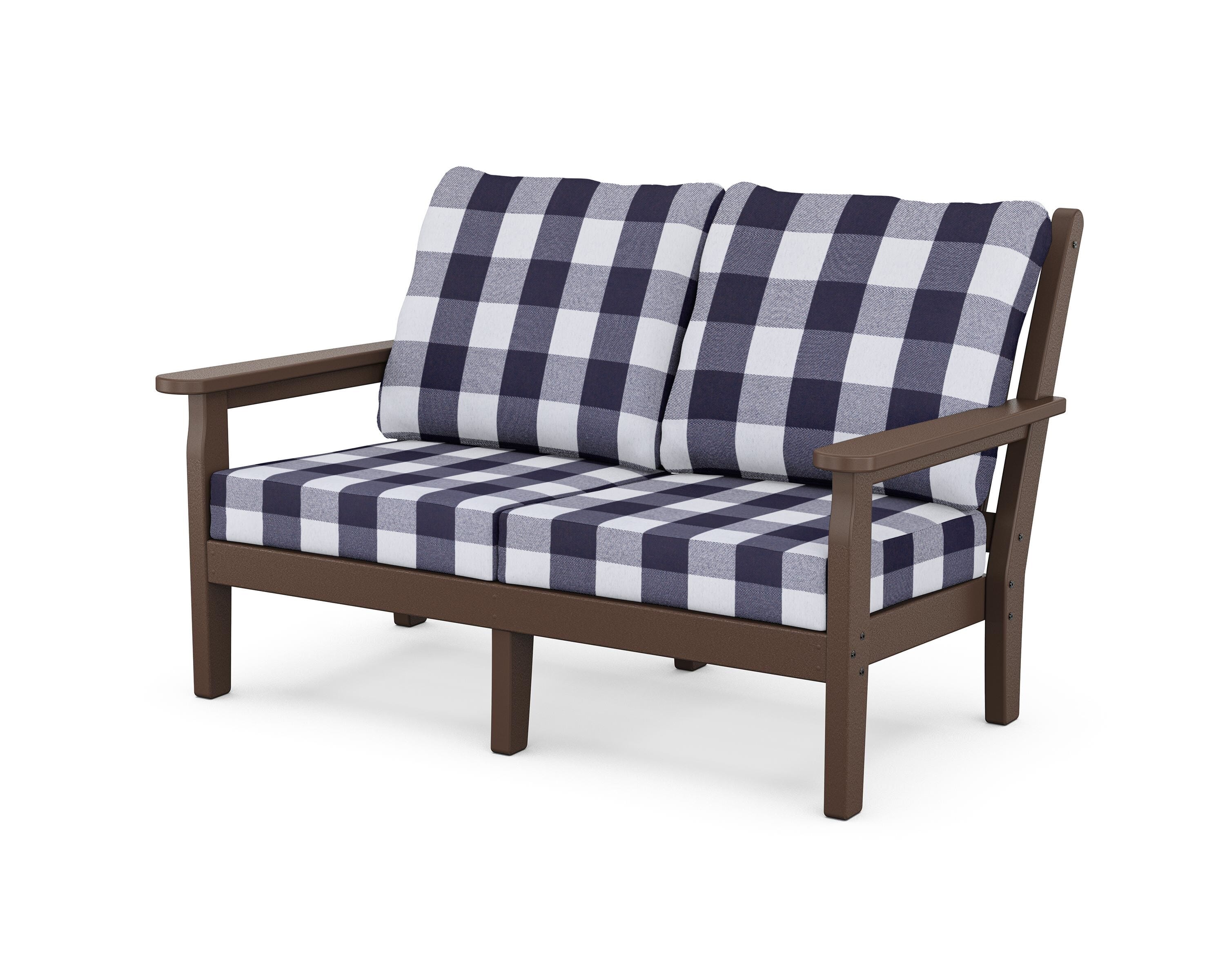 POLYWOOD® Chippendale Deep Seating Loveseat in Mahogany / Buffalo Plaid Navy