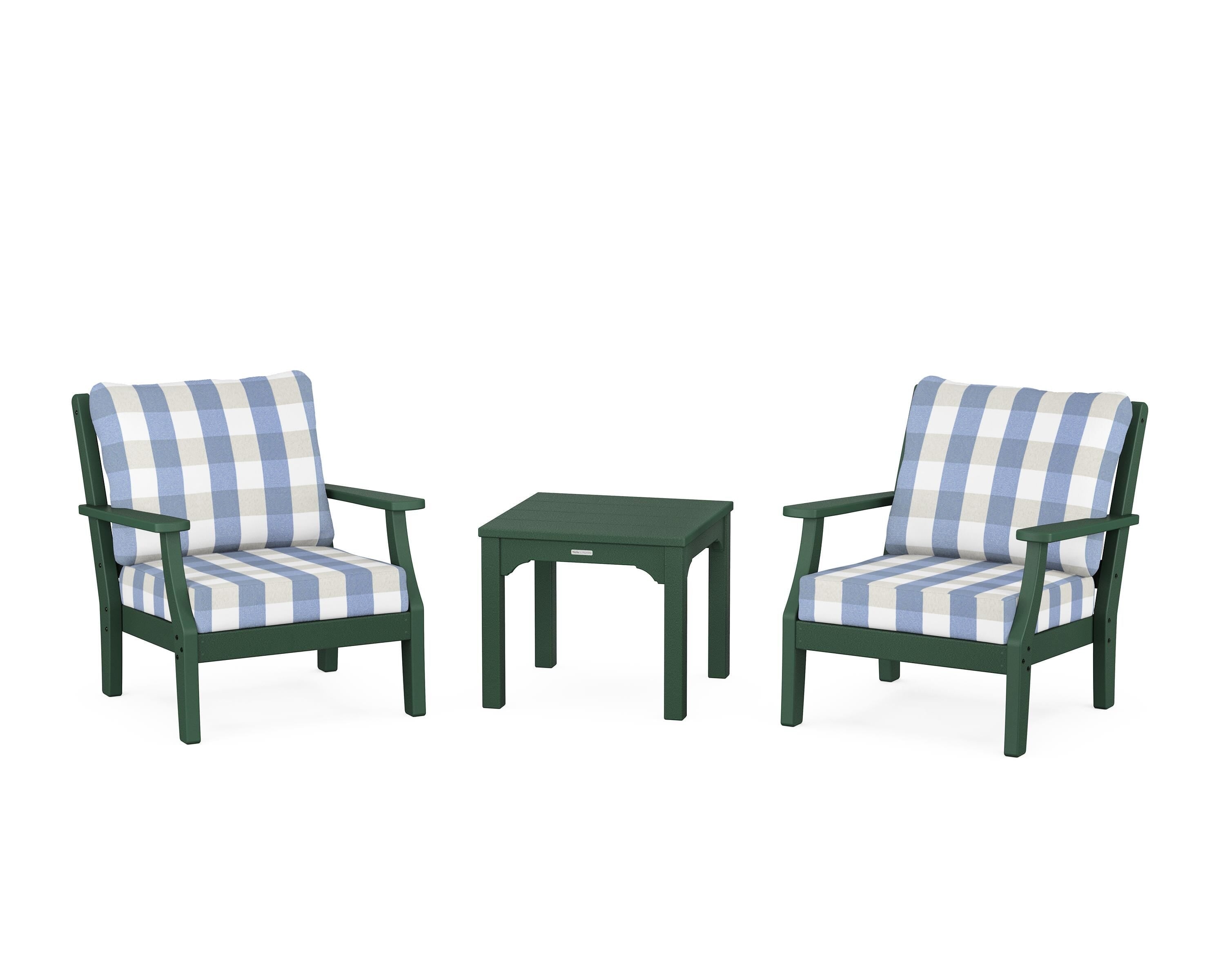Martha Stewart by POLYWOOD® Chinoiserie 3-Piece Deep Seating Set in Green / Buffalo Plaid Sky Blue