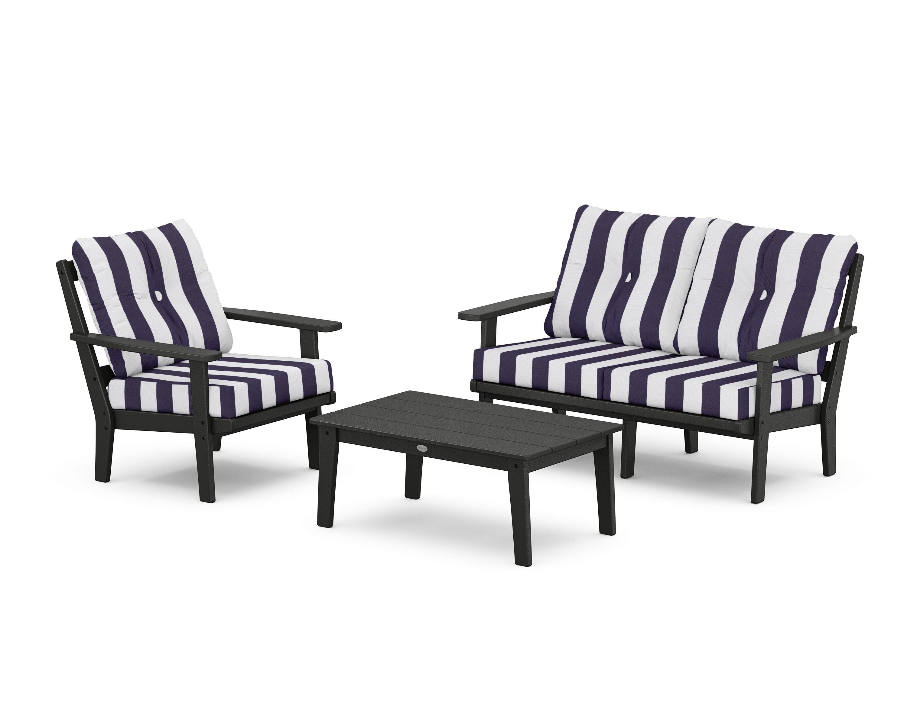 POLYWOOD® Oxford 3-Piece Deep Seating Set with Loveseat in Black / Cabana Stripe Navy