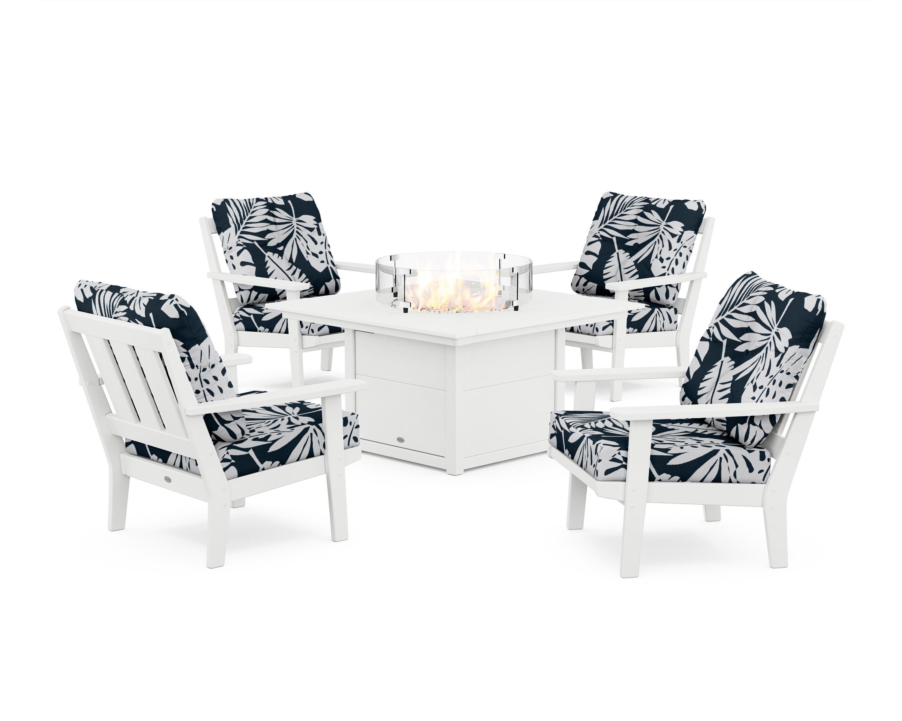 POLYWOOD® Oxford 5-Piece Deep Seating Set with Fire Pit Table in White / Leaf Marine Indigo