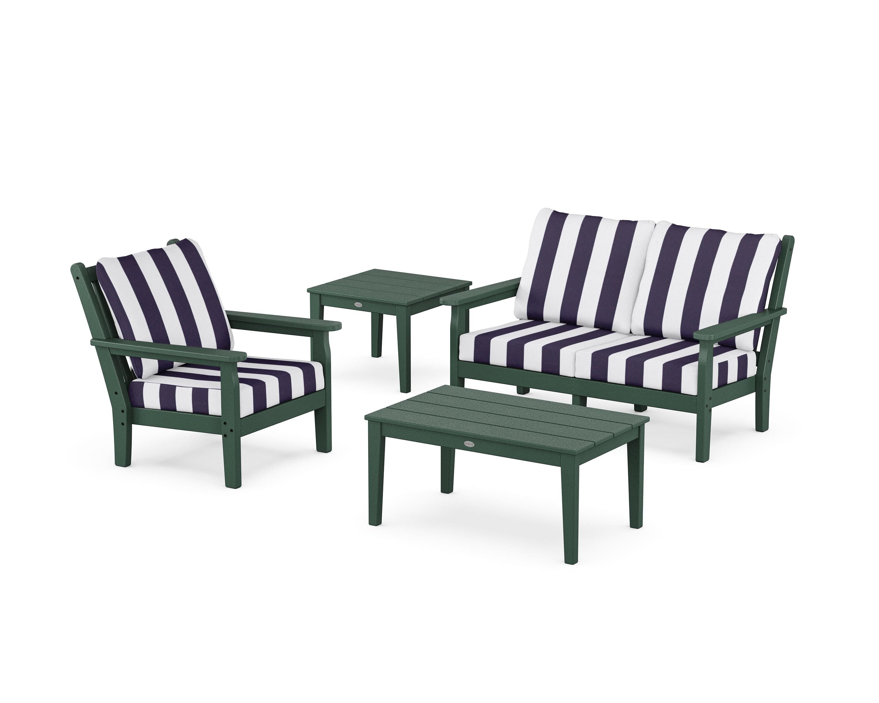 POLYWOOD® Chippendale 4-Piece Deep Seating Set in Green / Cabana Stripe Navy