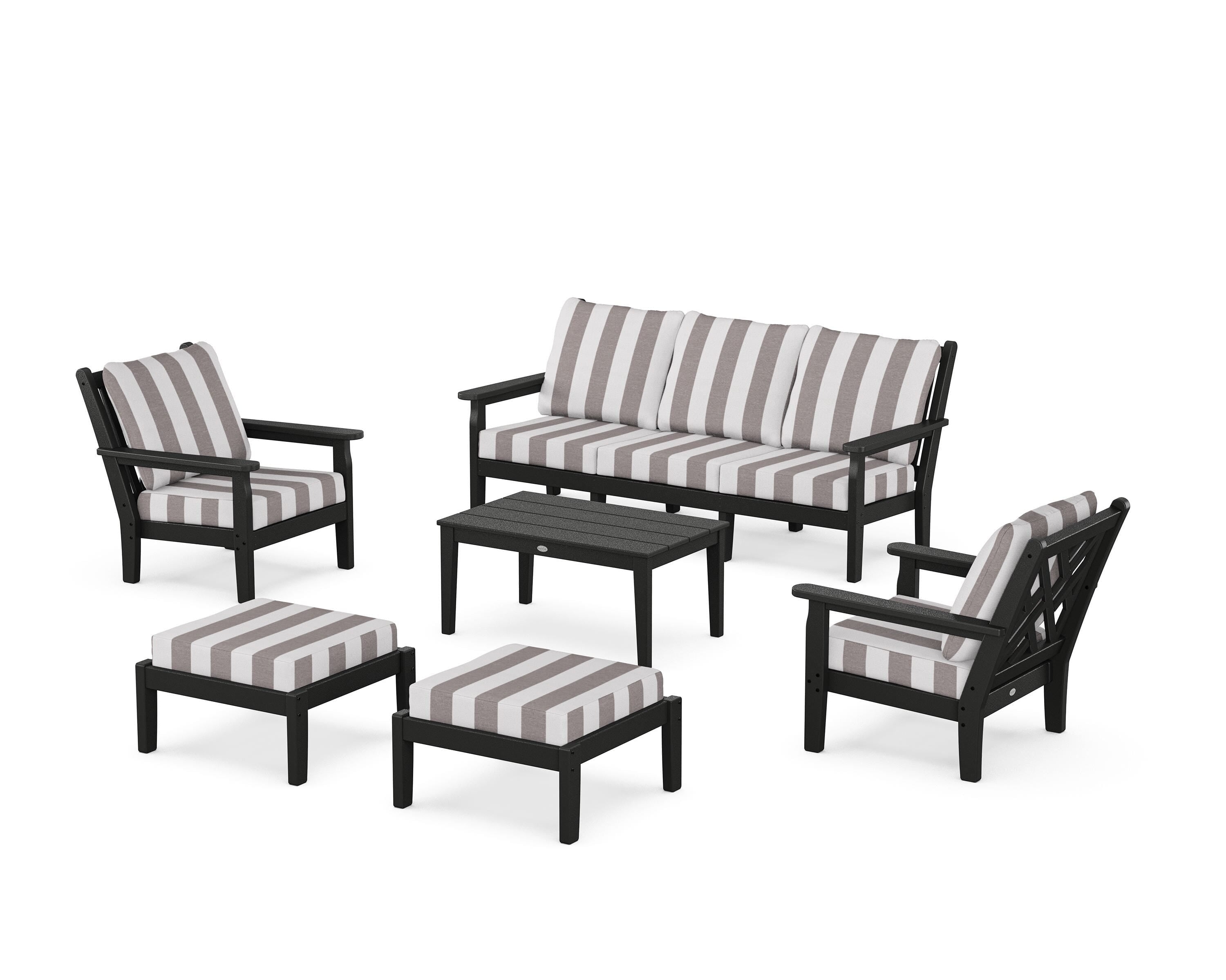 POLYWOOD® Chippendale 6-Piece Lounge Sofa Set in Black / Cabana Stripe Grey Mist