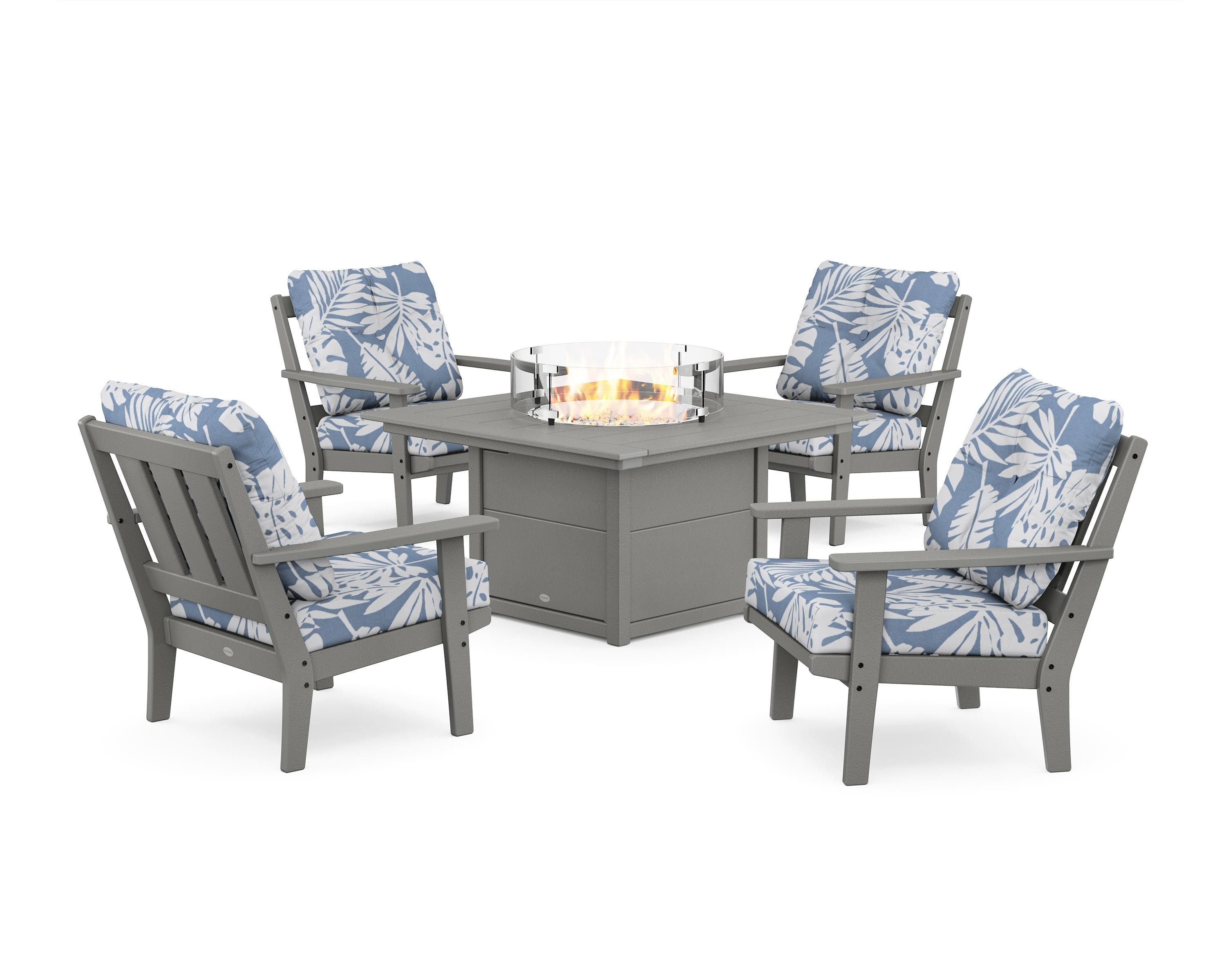 POLYWOOD® Oxford 5-Piece Deep Seating Set with Fire Pit Table in Slate Grey / Leaf Sky Blue
