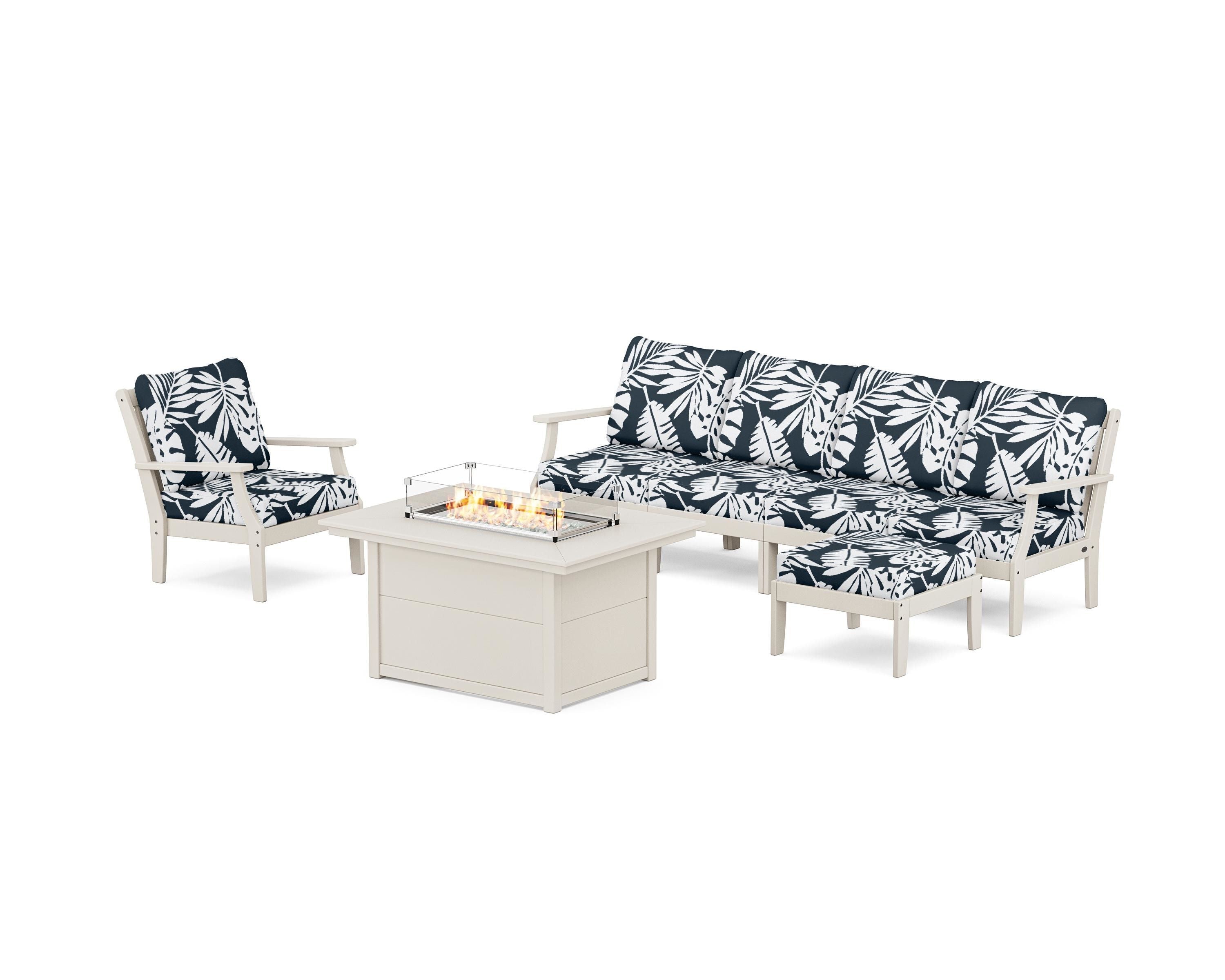POLYWOOD® Braxton Sectional Lounge and Fire Pit Set in Sand / Leaf Marine Indigo