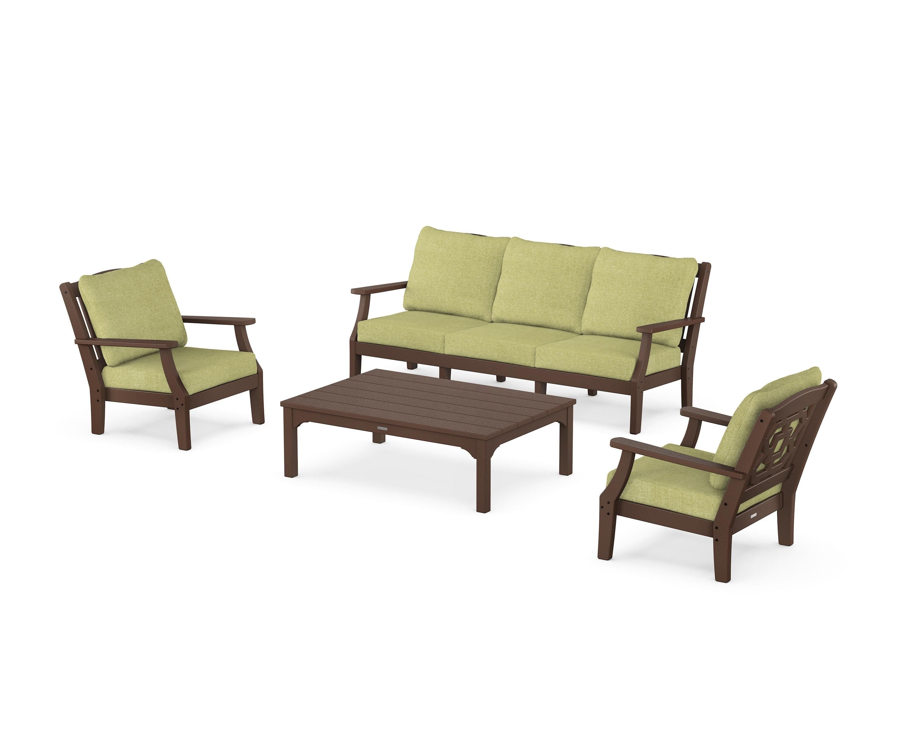 Martha Stewart by POLYWOOD® Chinoiserie 4-Piece Deep Seating Set with Sofa in Mahogany / Chartreuse Boucle