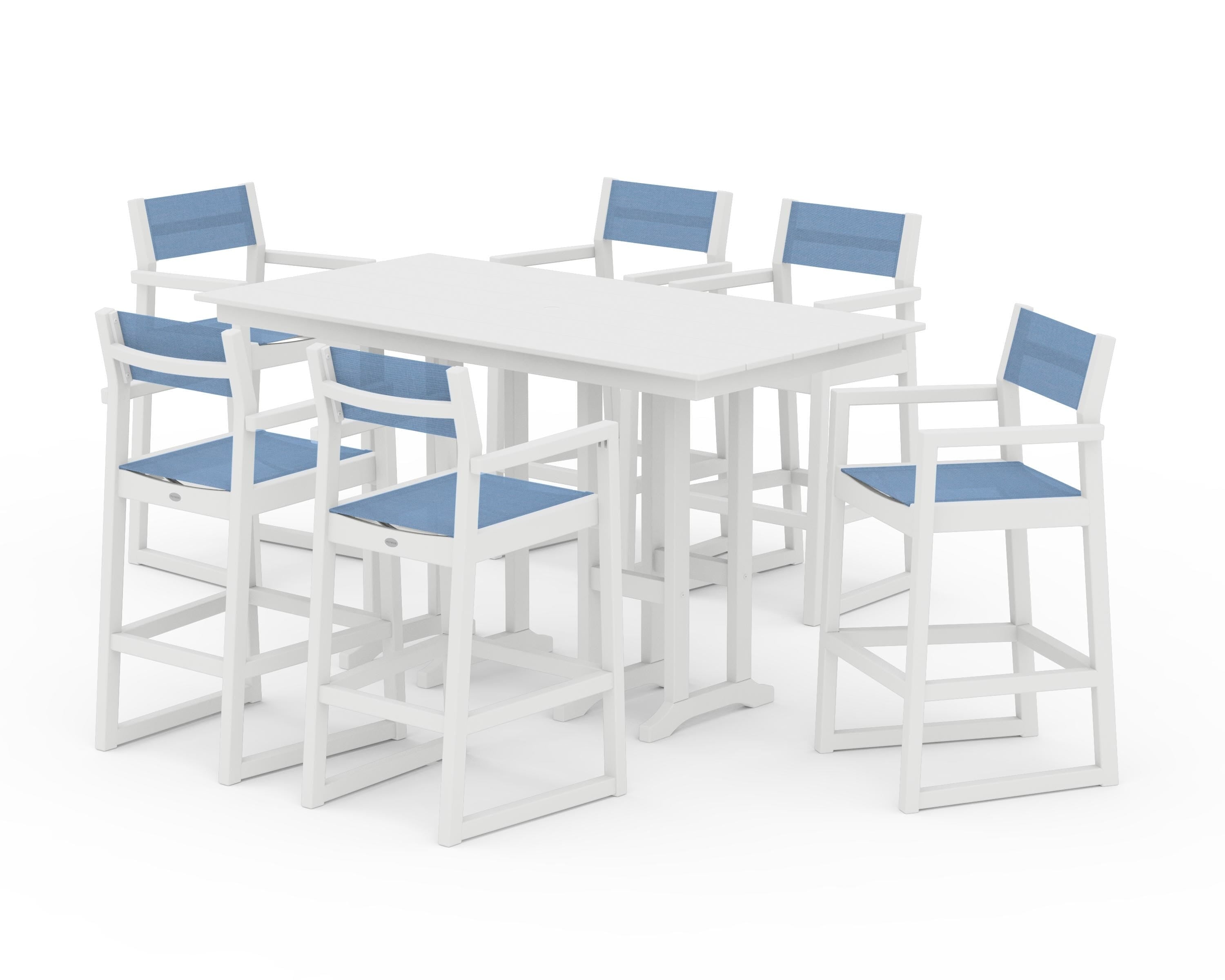 POLYWOOD® EDGE Sling Arm Chair 7-Piece Farmhouse Bar Set in White / Poolside Sling