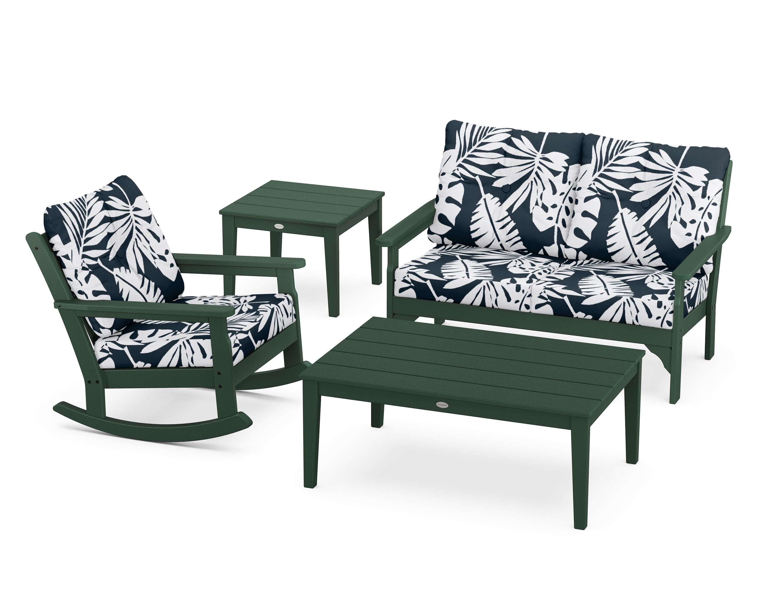 POLYWOOD® Vineyard 4-Piece Deep Seating Rocker Set in Green / Leaf Marine Indigo