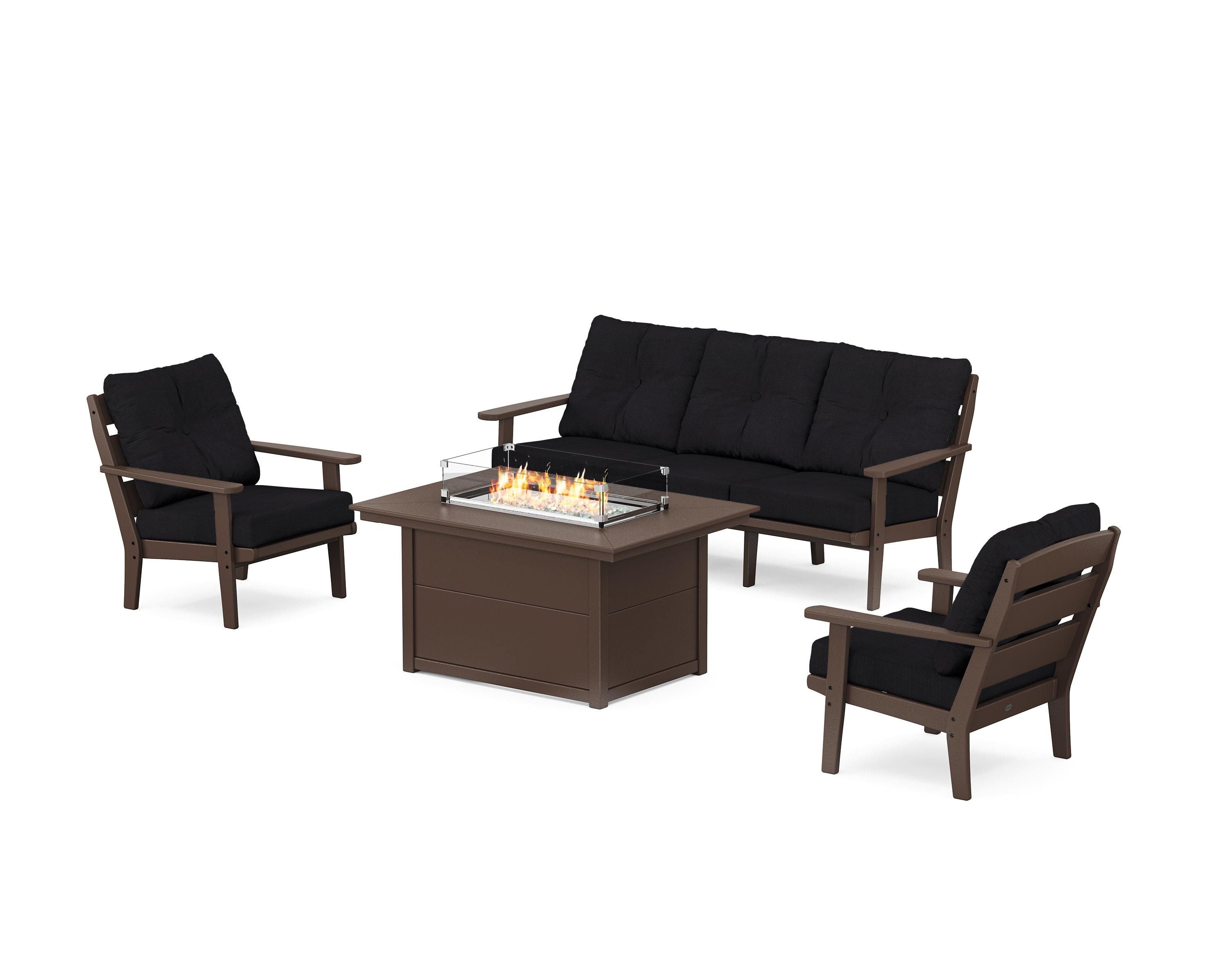 POLYWOOD® Lakeside Deep Seating Fire Pit Table Set in Mahogany / Midnight Linen