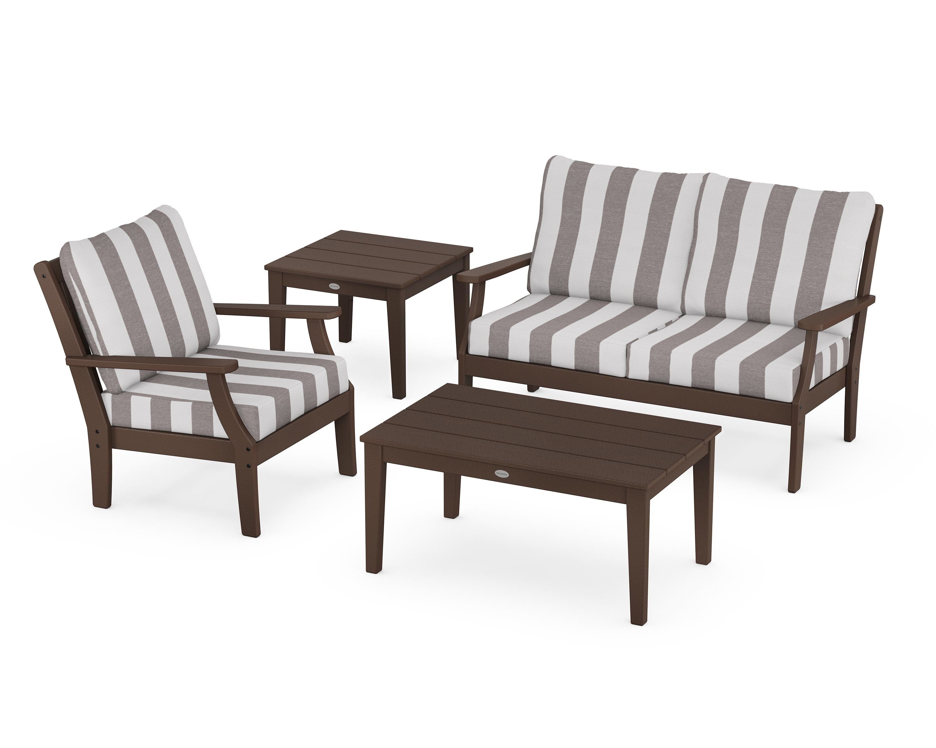 POLYWOOD® Braxton 4-Piece Deep Seating Set in Mahogany / Cabana Stripe Grey Mist