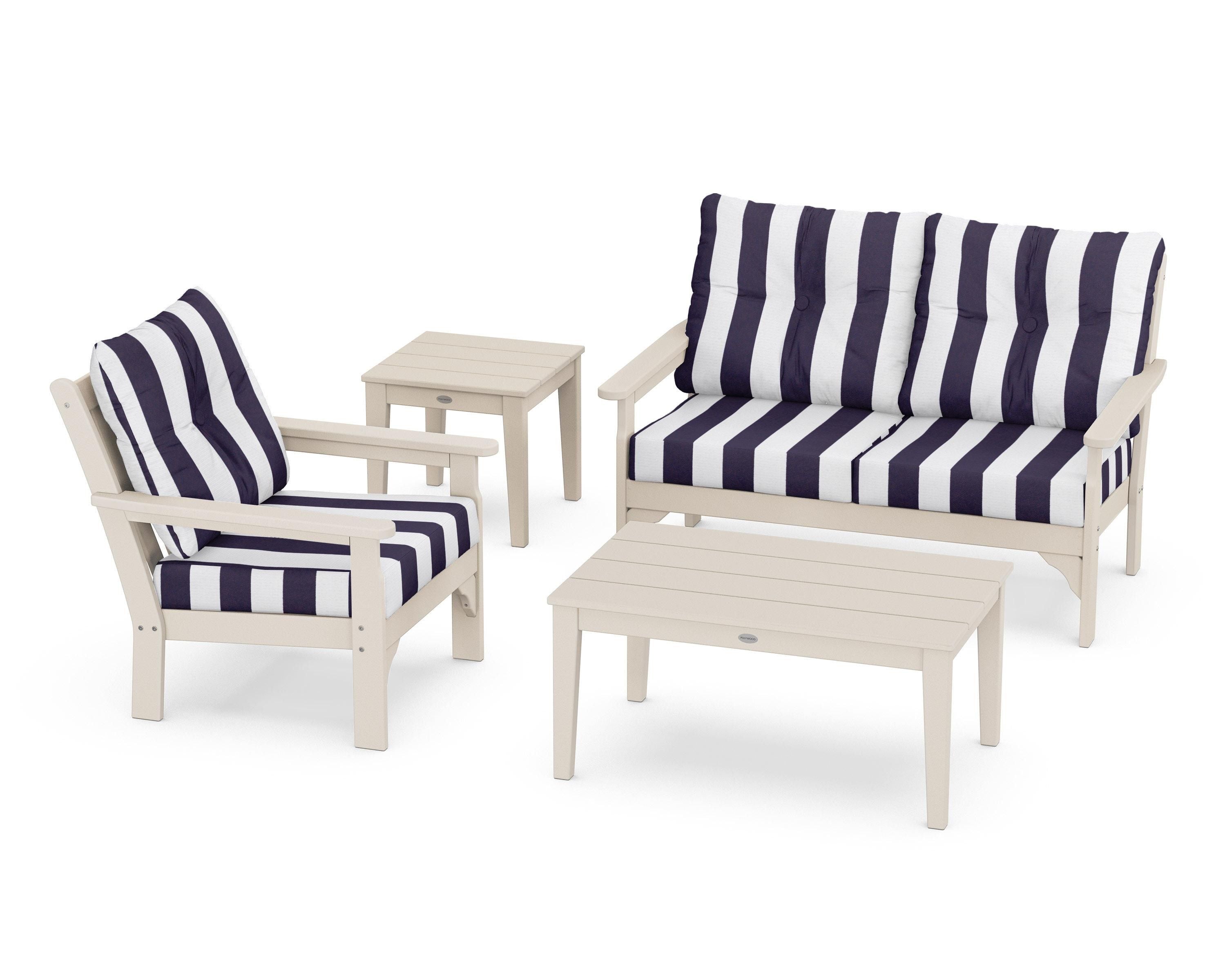 POLYWOOD® Vineyard 4-Piece Deep Seating Set in Sand / Cabana Stripe Navy