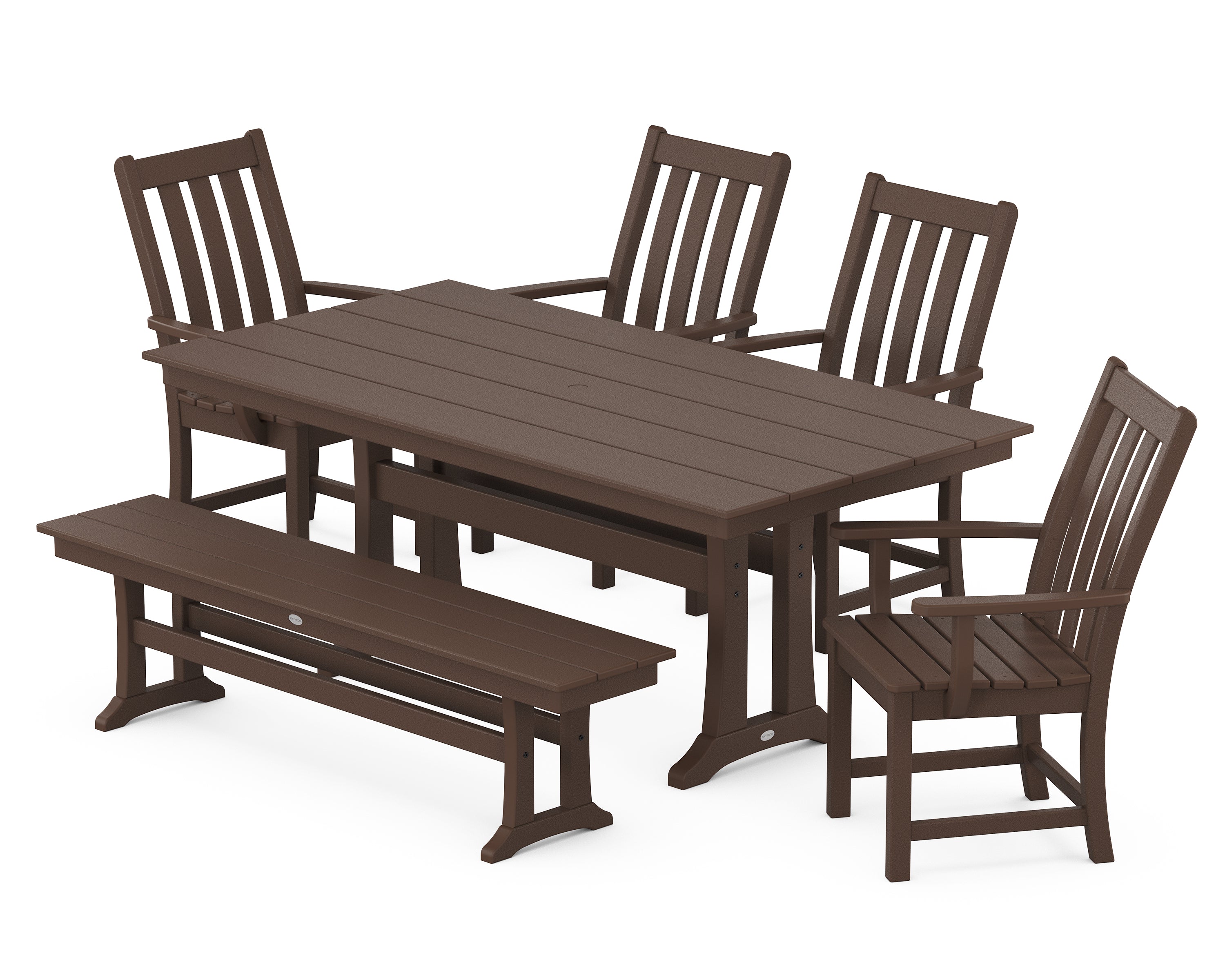POLYWOOD® Vineyard 6-Piece Arm Chair Farmhouse Dining Set with Trestle Legs and Bench in Mahogany