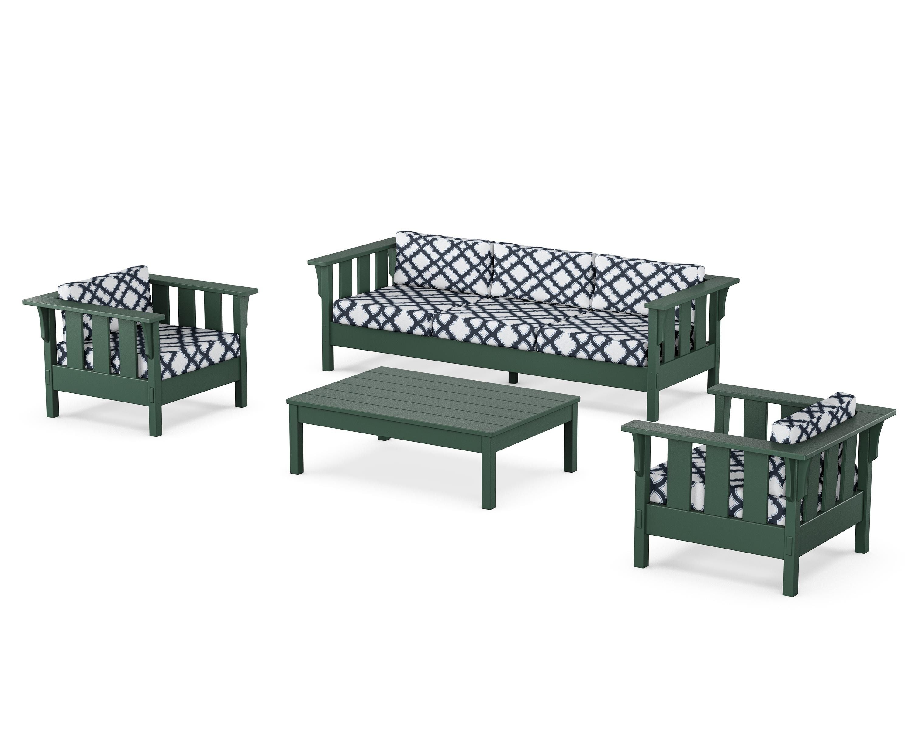 Martha Stewart by POLYWOOD® Acadia 4-Piece Deep Seating Set with Sofa in Green / Trellis Marine Indigo