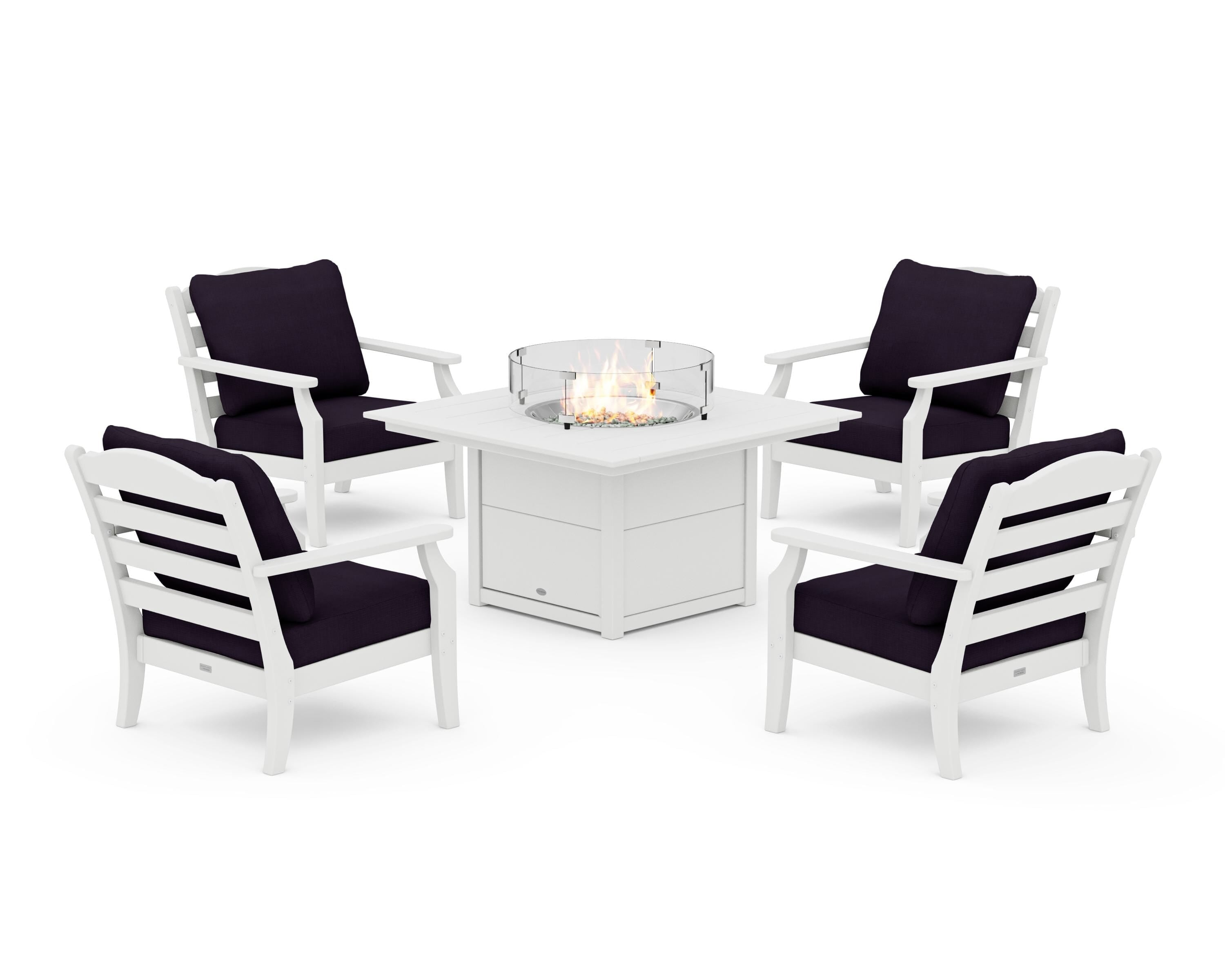 Draper James™ by POLYWOOD® Savannah 5-Piece Deep Seating Set with Fire Pit Table in White / Navy Linen