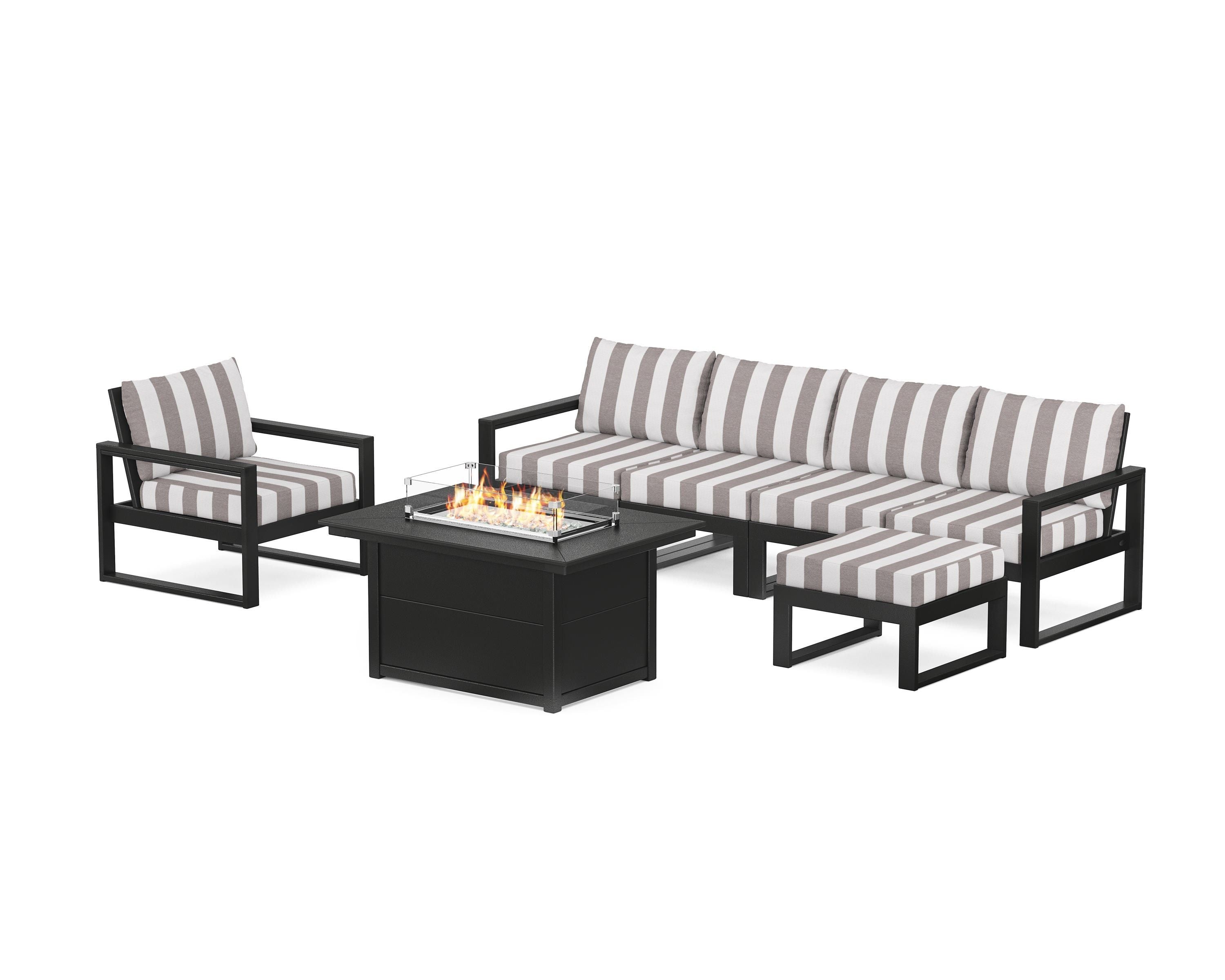 POLYWOOD® EDGE Sectional Lounge and Fire Pit Set in Black / Cabana Stripe Grey Mist