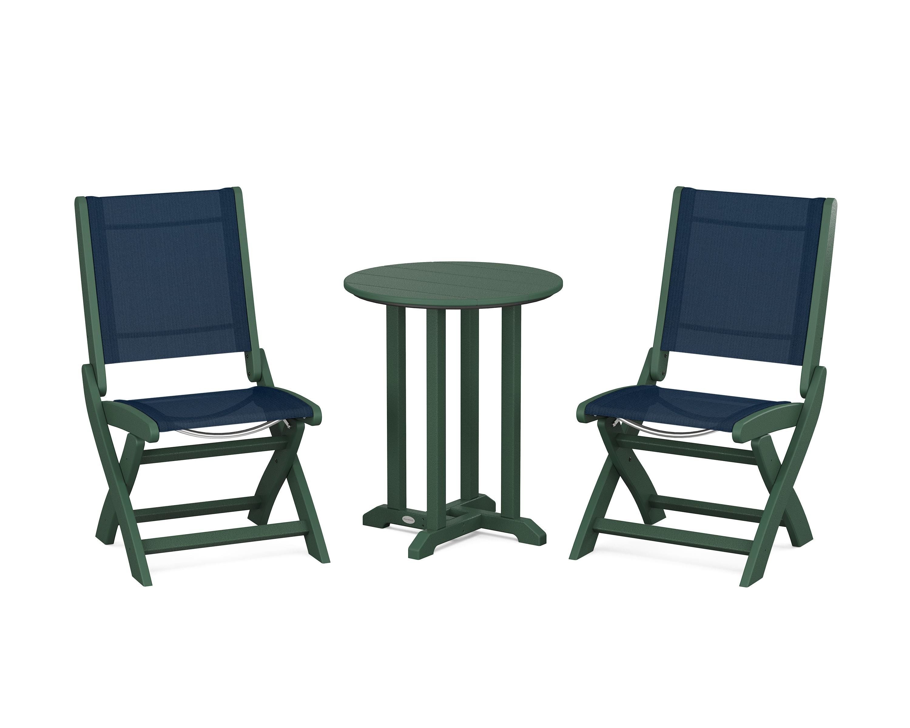 POLYWOOD® Coastal Folding Side Chair 3-Piece Round Bistro Dining Set in Green / Navy Blue Sling