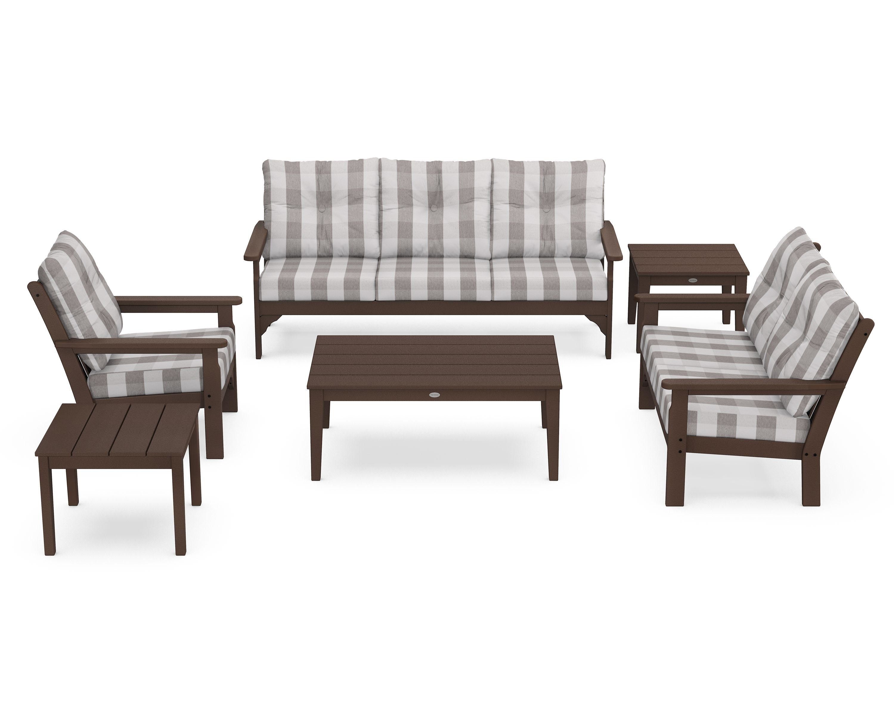 POLYWOOD® Vineyard 6-Piece Deep Seating Set in Mahogany / Buffalo Plaid Grey Mist