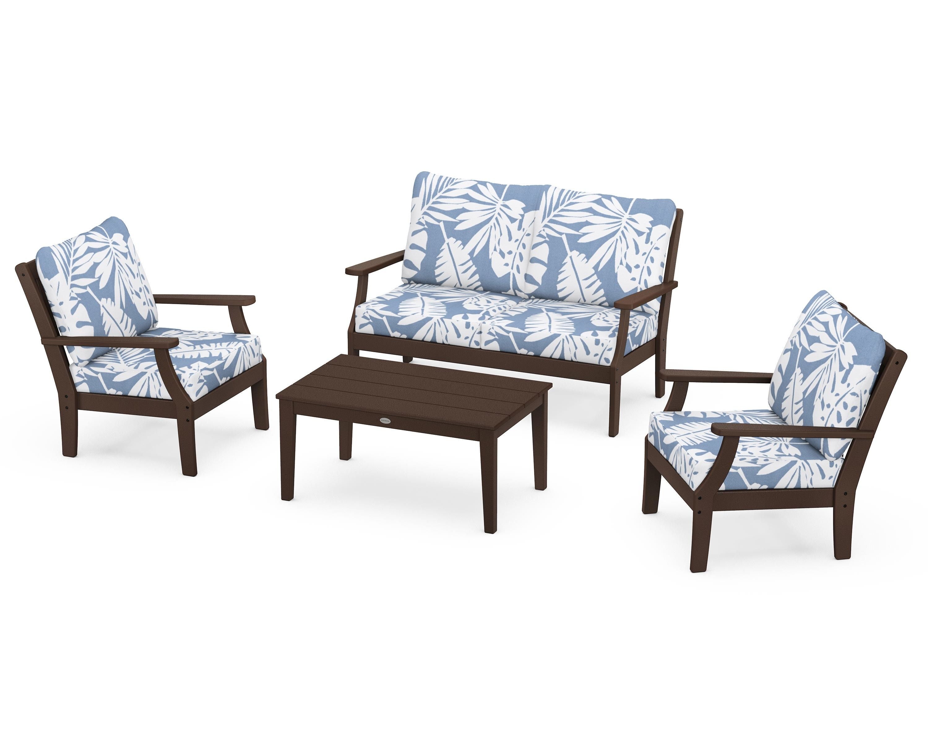 POLYWOOD® Braxton 4-Piece Deep Seating Chair Set in Mahogany / Leaf Sky Blue