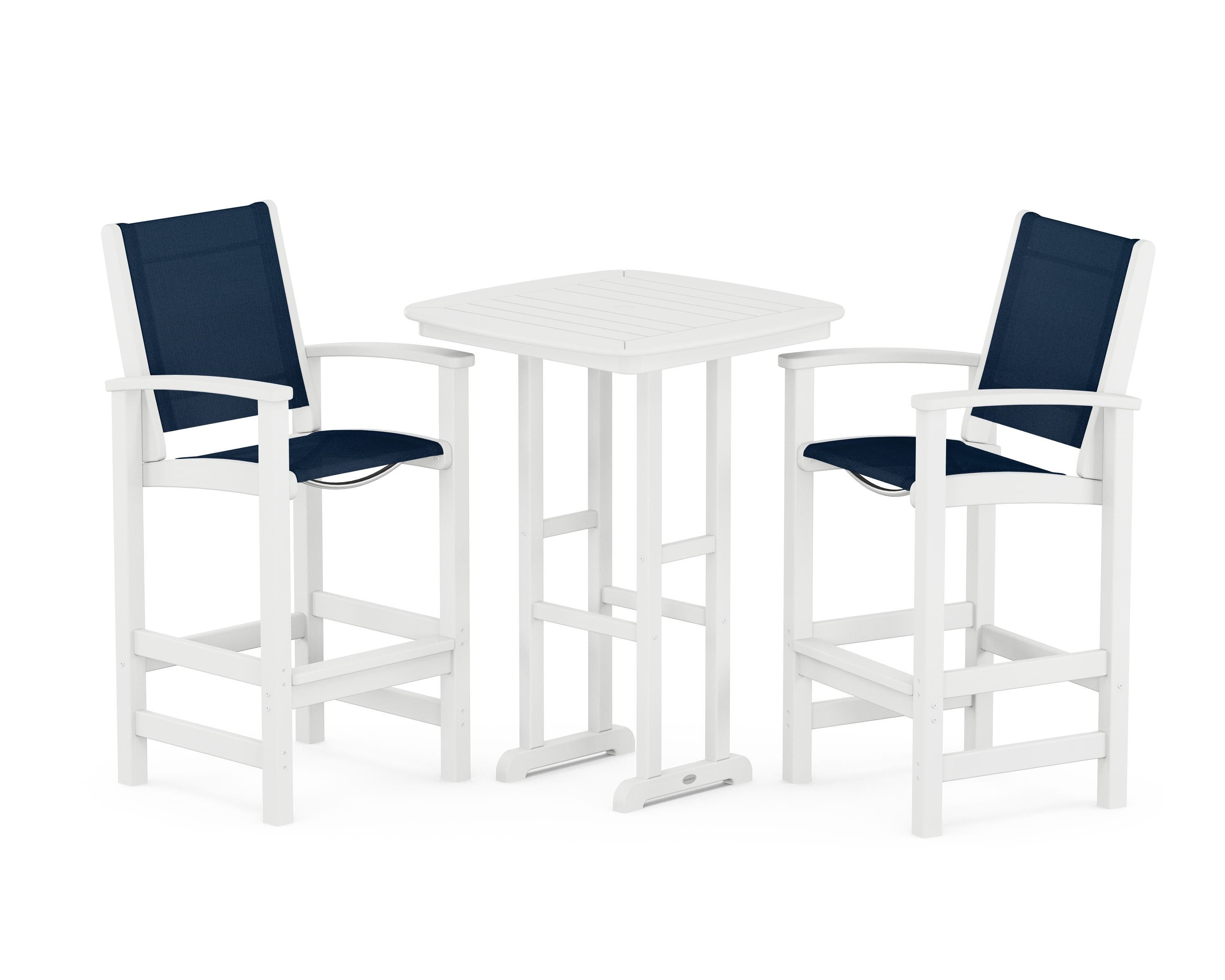 POLYWOOD® Coastal 3-Piece Bar Set in White / Navy Blue Sling