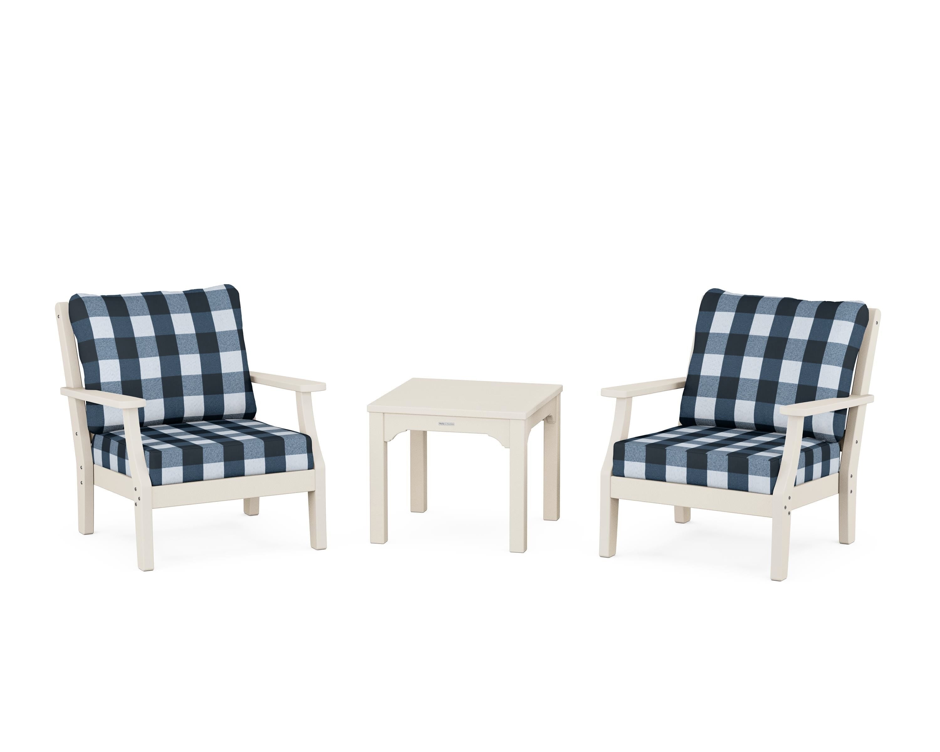 Martha Stewart by POLYWOOD® Chinoiserie 3-Piece Deep Seating Set in Sand / Buffalo Plaid Marine Indigo