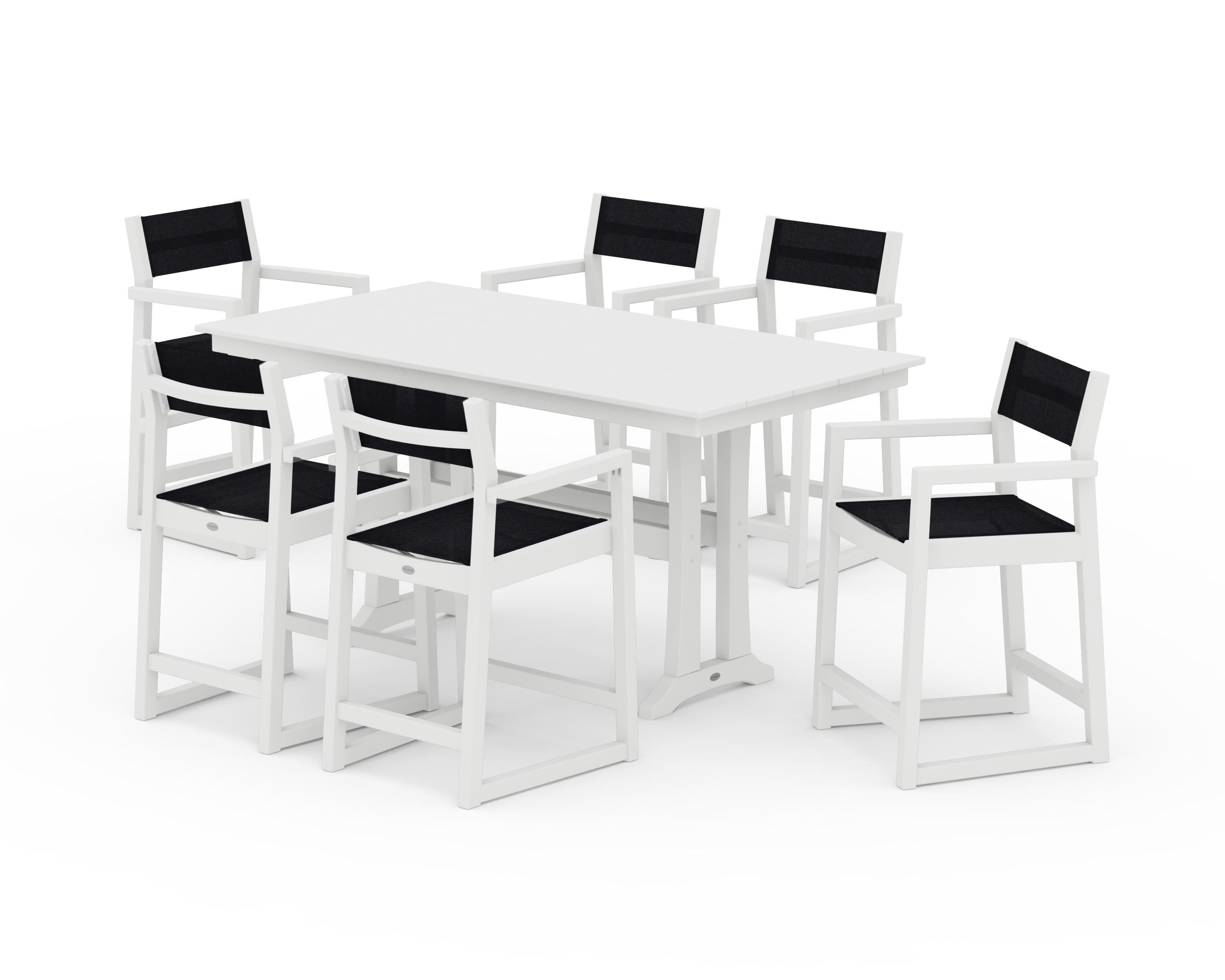 POLYWOOD® EDGE Sling Arm Chair 7-Piece Farmhouse Counter Set with Trestle Legs in White / Black Sling