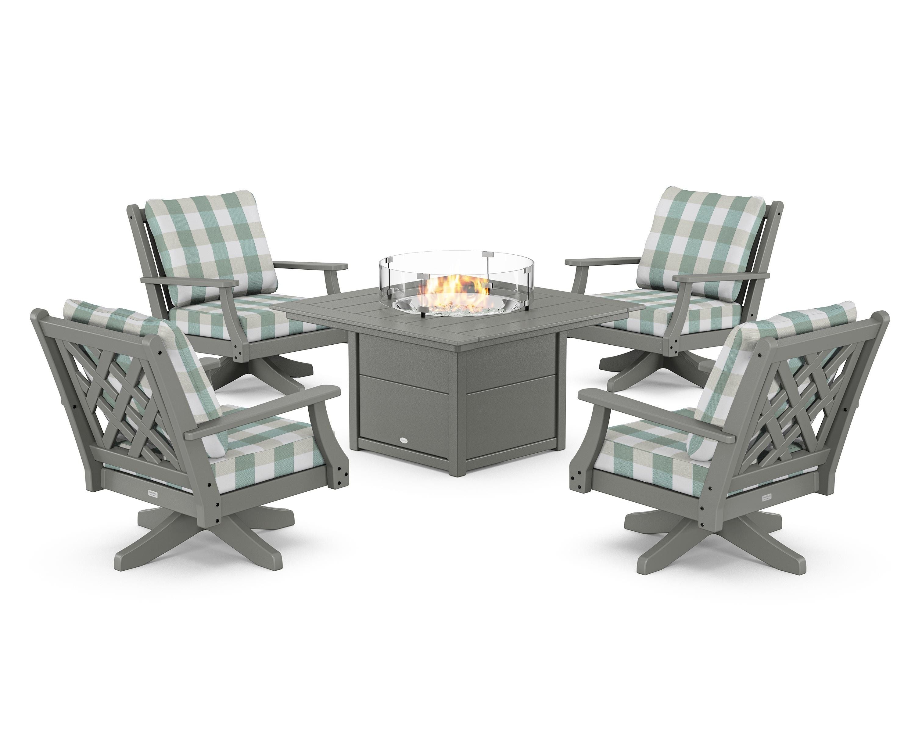 Country Living Wovendale 5-Piece Deep Seating Swivel Conversation Set with Fire Pit Table in Slate Grey / Buffalo Plaid Glacier Spa