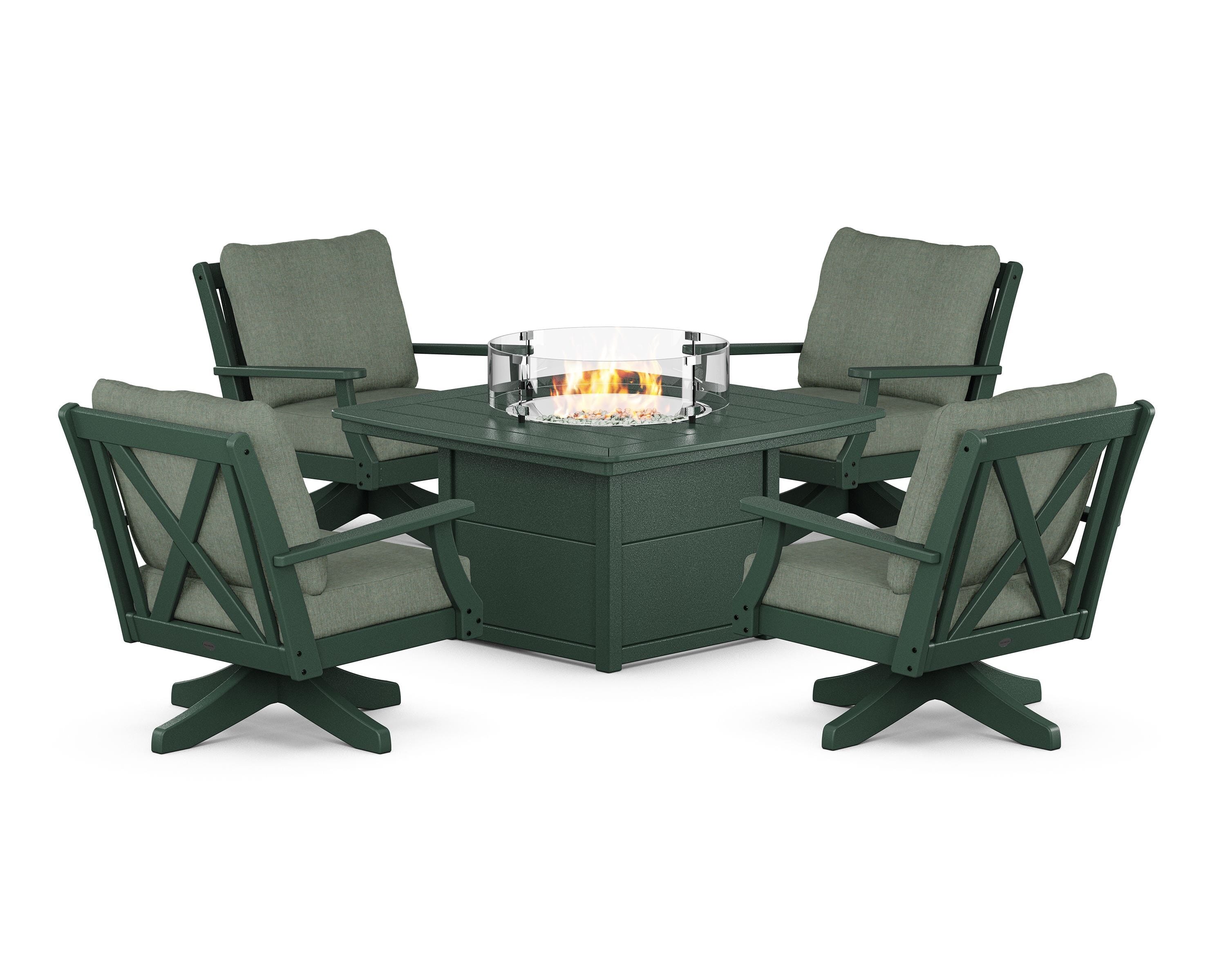 POLYWOOD® Braxton 5-Piece Deep Seating Swivel Conversation Set with Fire Pit Table in Green / Cast Sage