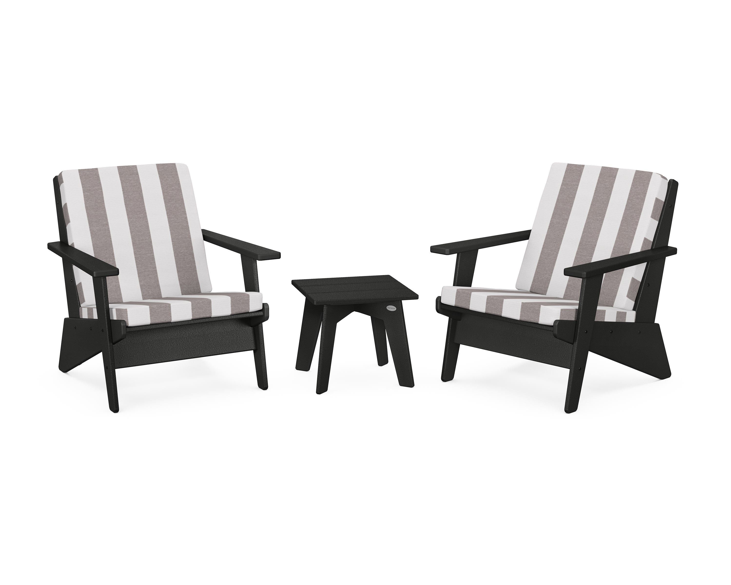 POLYWOOD® Riviera Modern Lounge 3-Piece Set in Black / Cabana Stripe Grey Mist