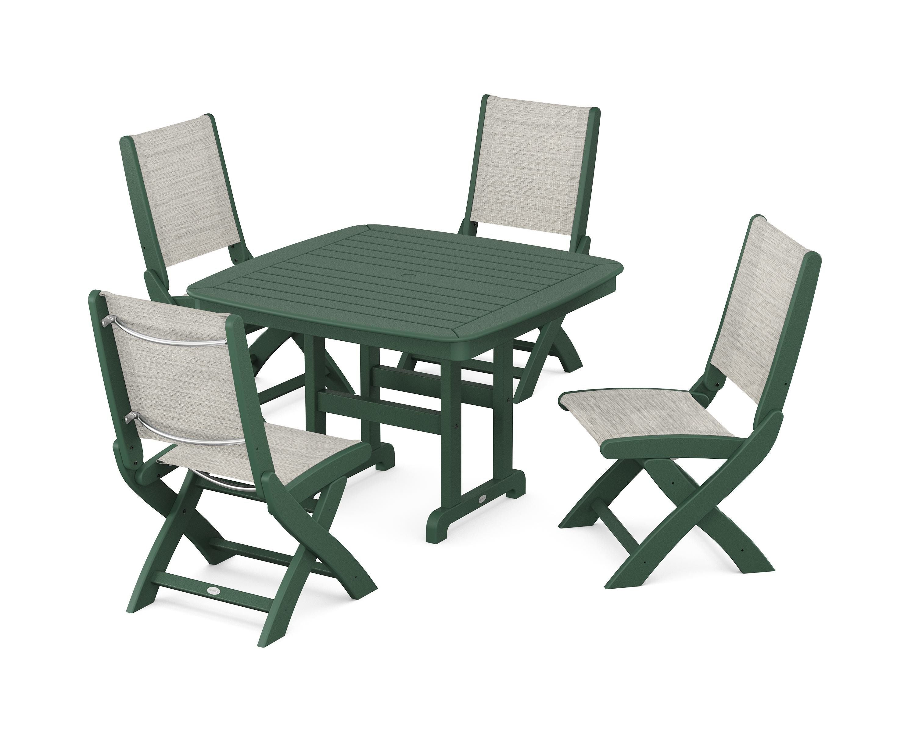 POLYWOOD® Coastal Folding Side Chair 5-Piece Dining Set in Green / Birch Sling
