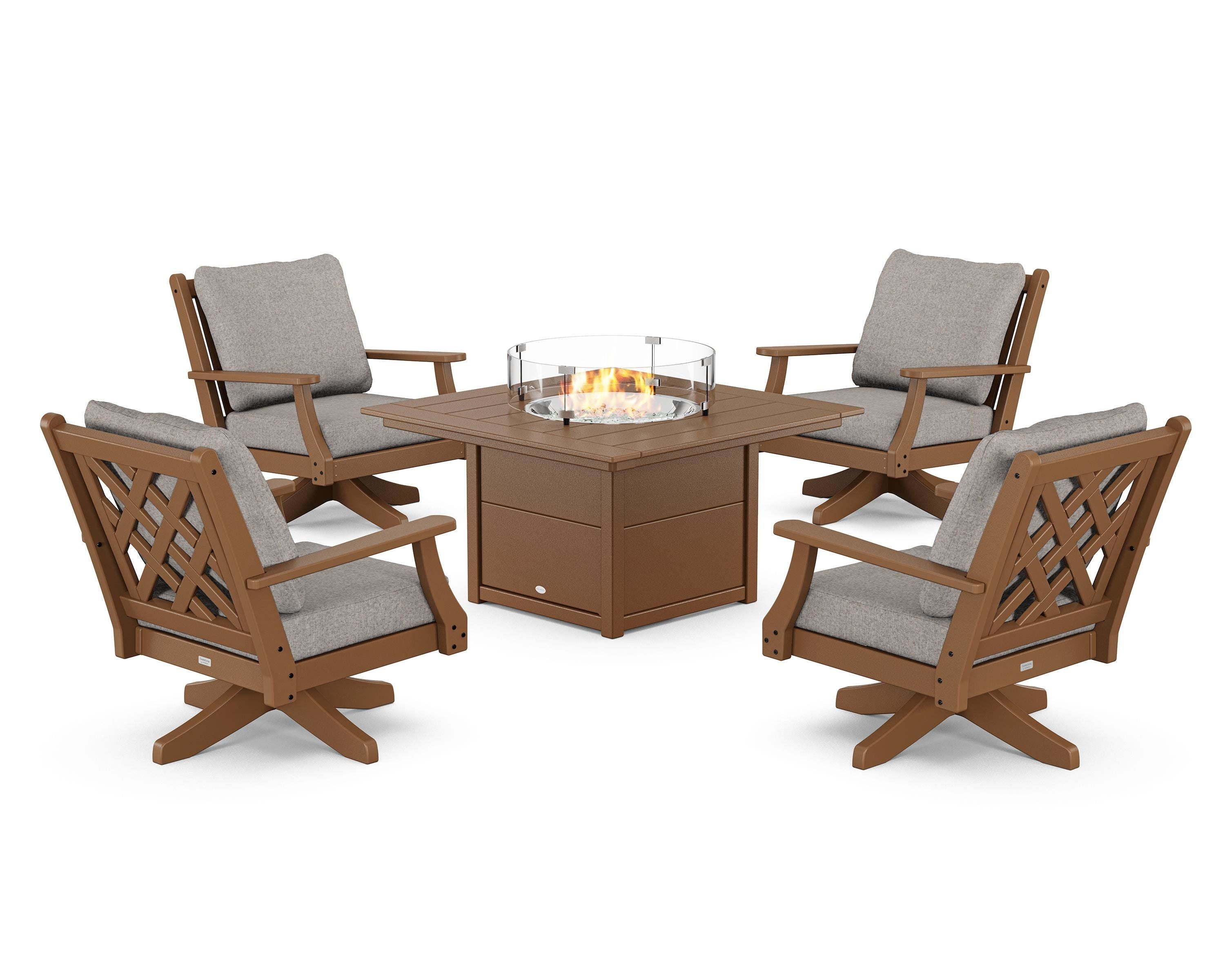 Country Living Wovendale 5-Piece Deep Seating Swivel Conversation Set with Fire Pit Table in Teak / Weathered Tweed
