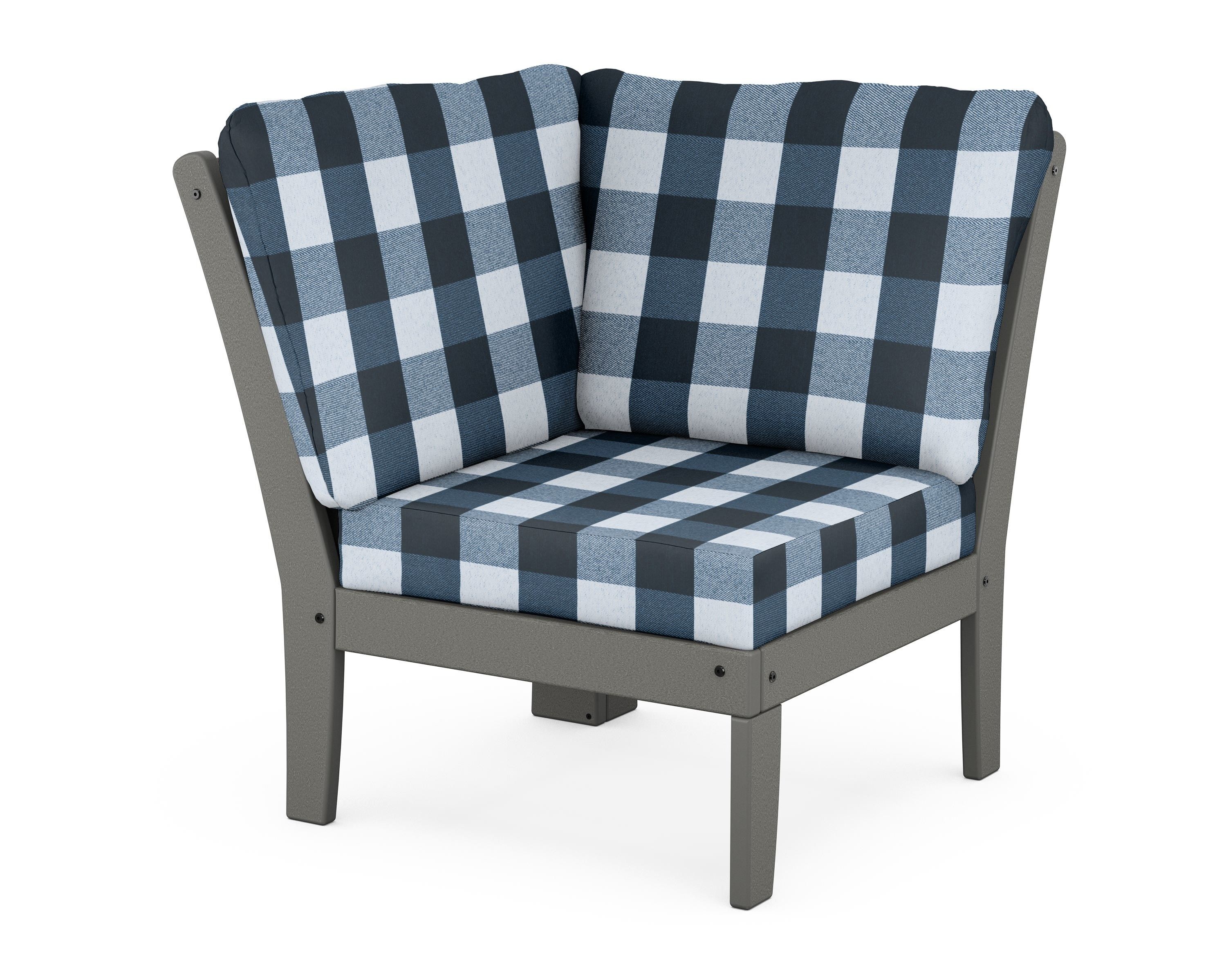 POLYWOOD® Braxton Modular Corner Chair in Slate Grey / Buffalo Plaid Marine Indigo